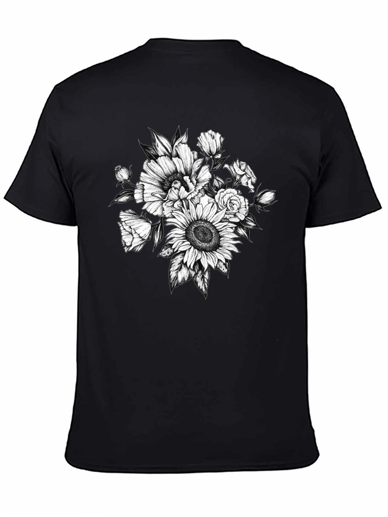 Floral Sketch Graphic T-Shirt - Black