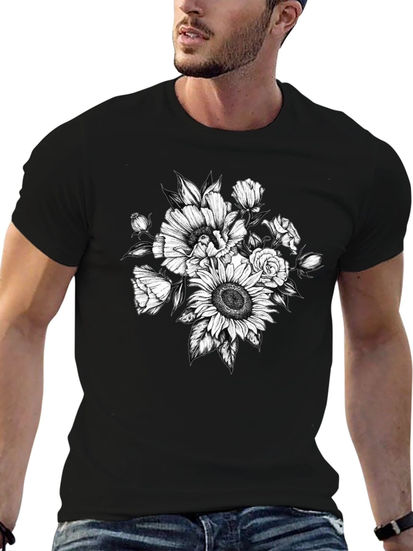 Floral Sketch Graphic T-Shirt - Black