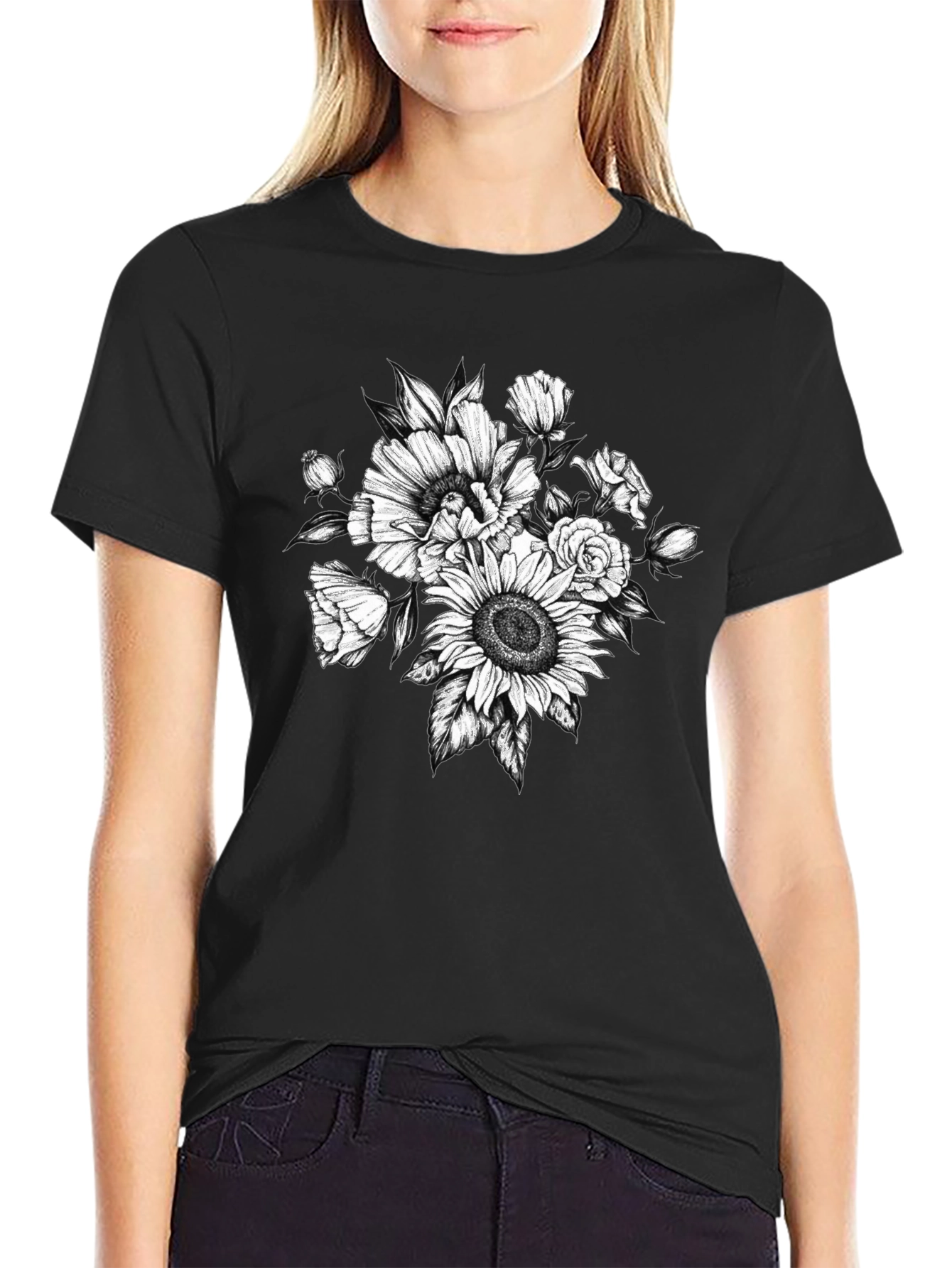 Floral Sketch Graphic T-Shirt - Black