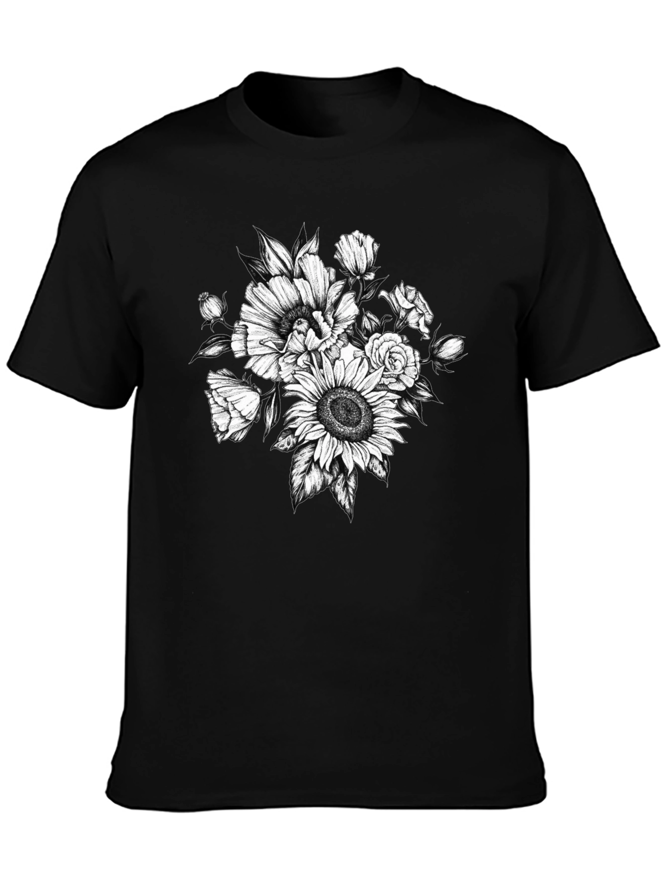 Floral Sketch Graphic T-Shirt - Black