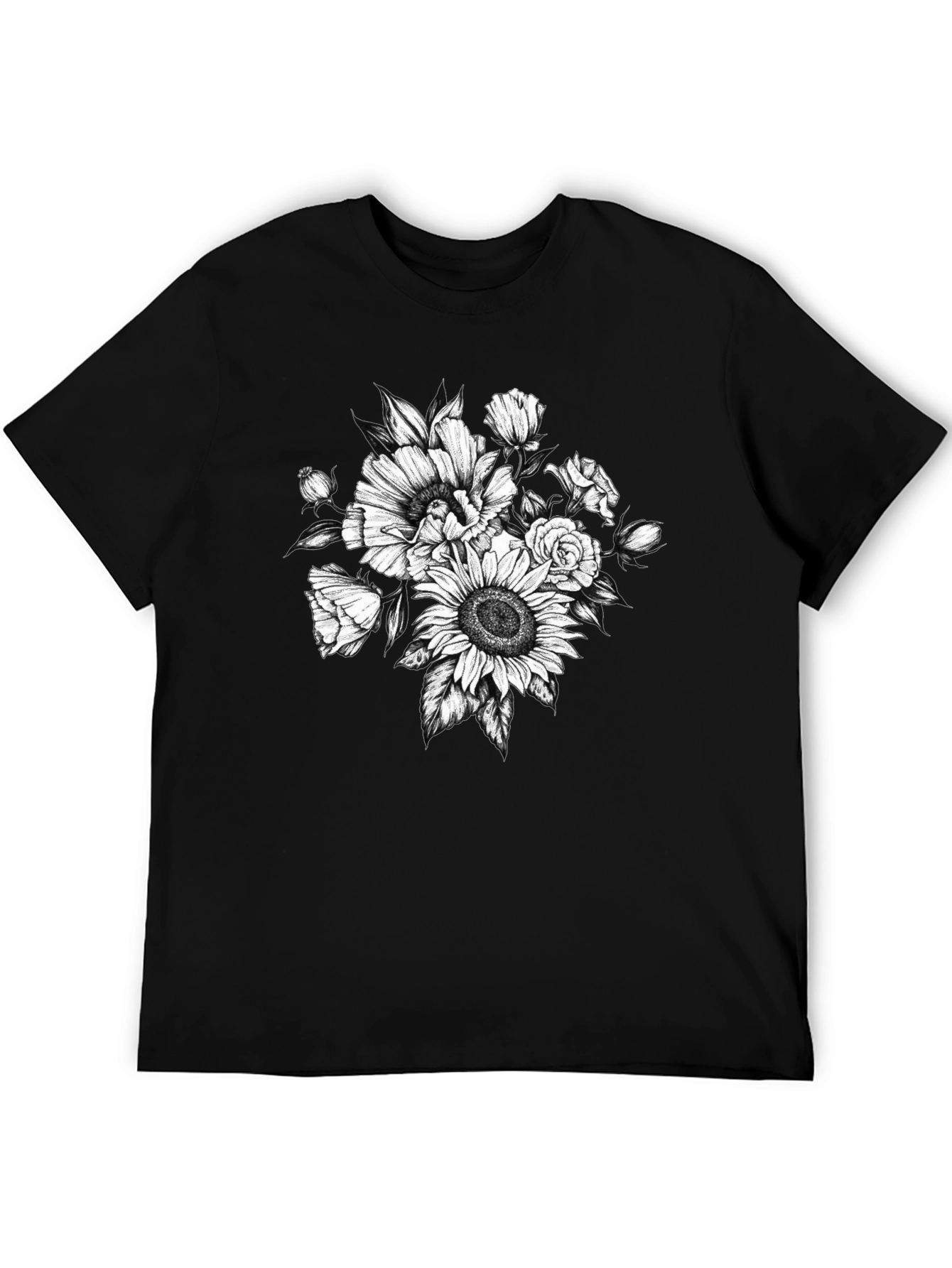 Floral Sketch Graphic T-Shirt - Black