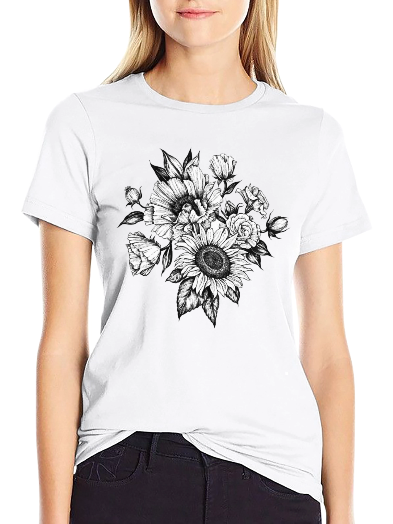 Floral Sketch Graphic T-Shirt - Black