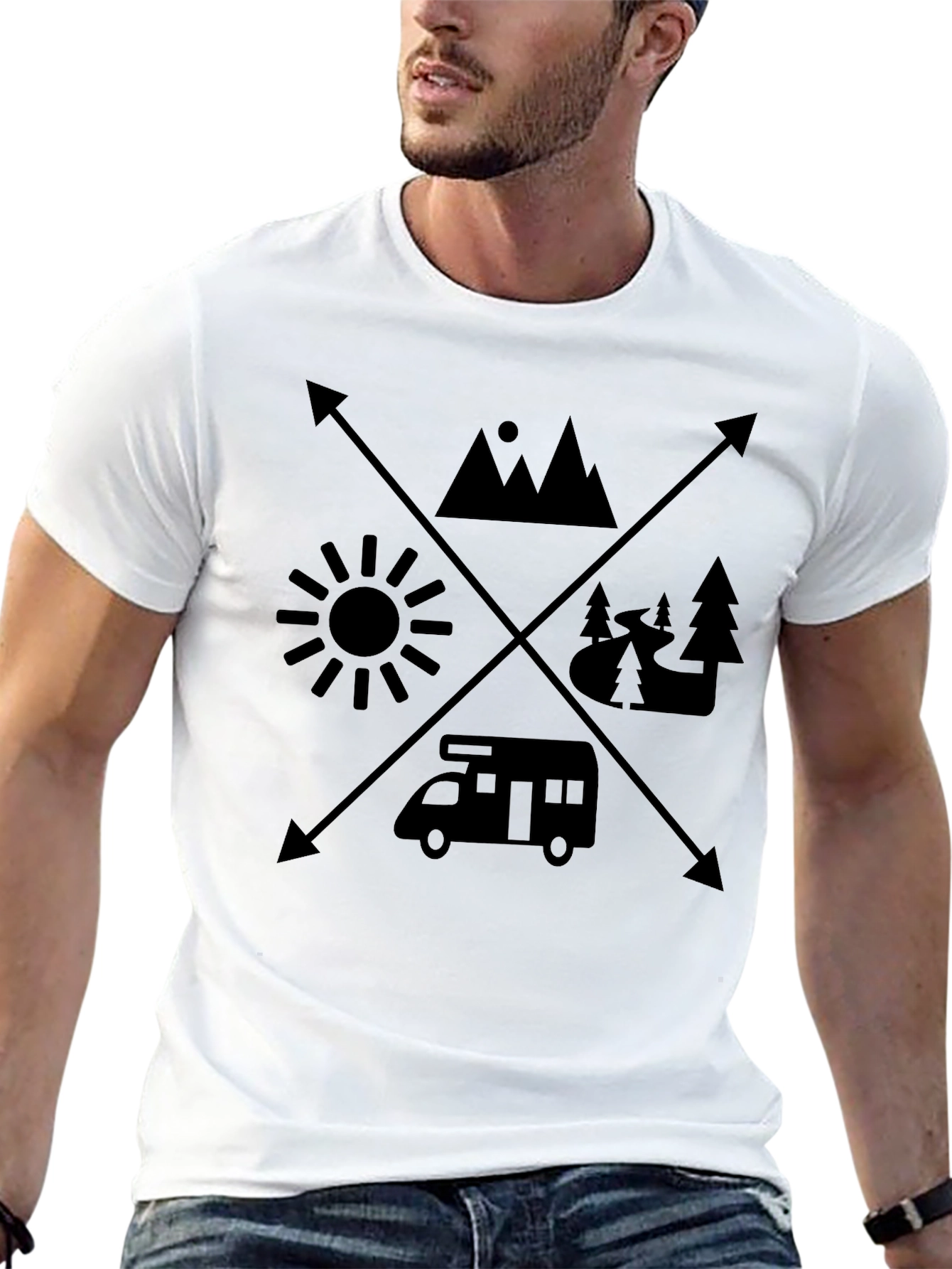 Adventure Awaits Tee: Camping Mountains Sun Design
