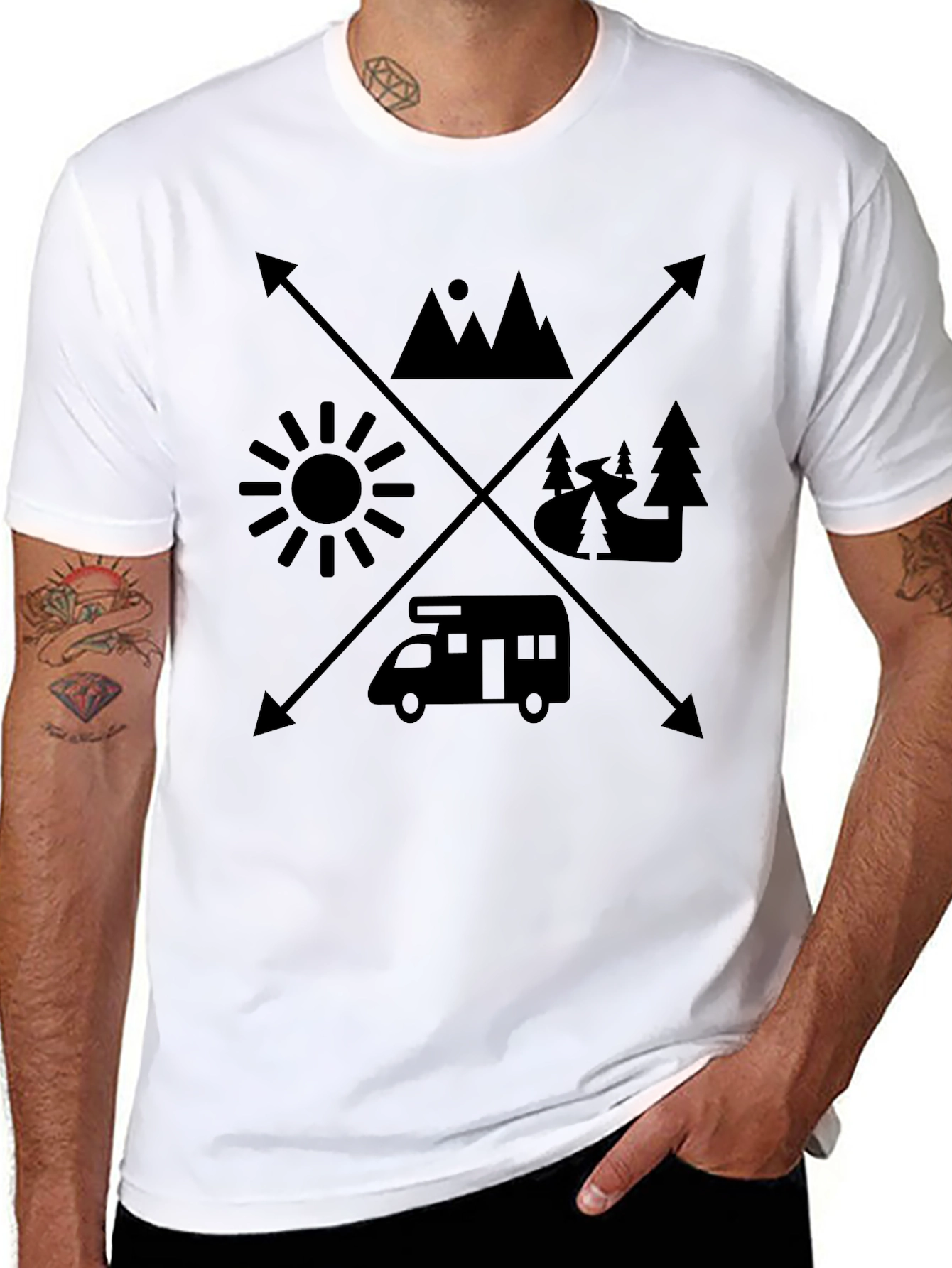 Adventure Awaits Tee: Camping Mountains Sun Design