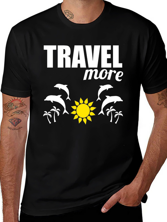 Travel More Black T-Shirt: Dolphins Sun & Palm Trees