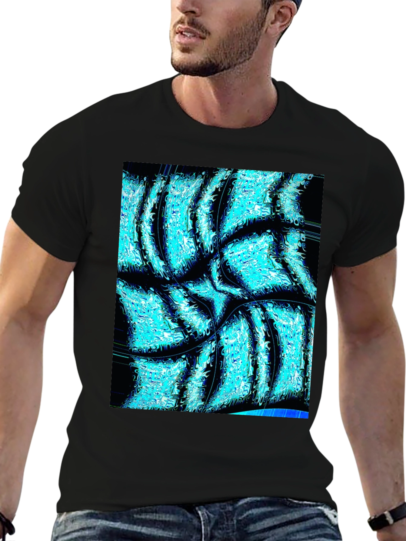 Abstract Aqua Print Black T-Shirt