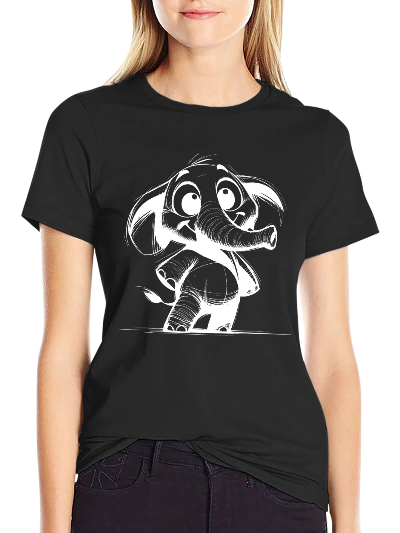 Cartoon Elephant Graphic Tee - Black Cotton Casual T-Shirt