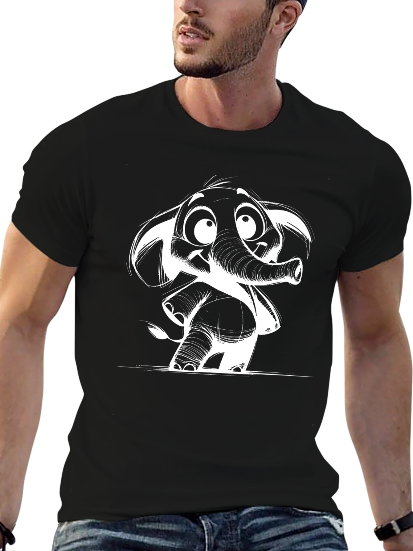 Cartoon Elephant Graphic Tee - Black Cotton Casual T-Shirt