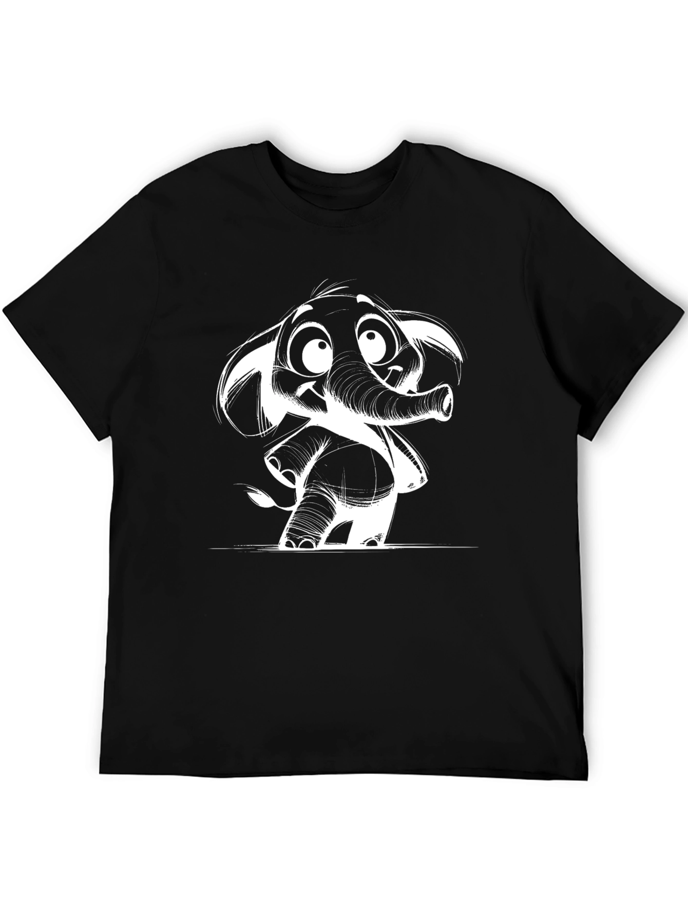 Cartoon Elephant Graphic Tee - Black Cotton Casual T-Shirt