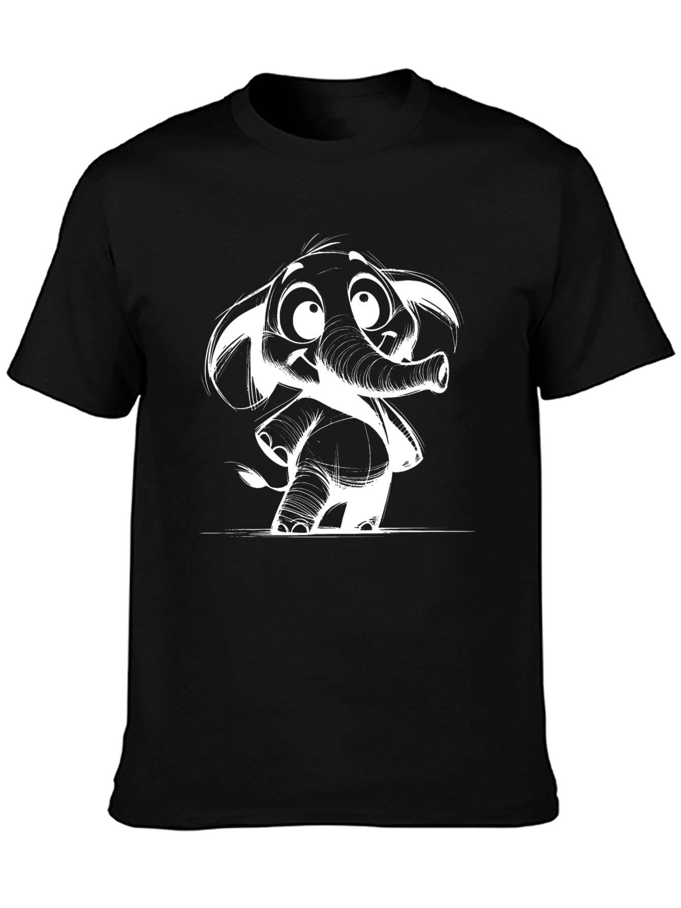 Cartoon Elephant Graphic Tee - Black Cotton Casual T-Shirt