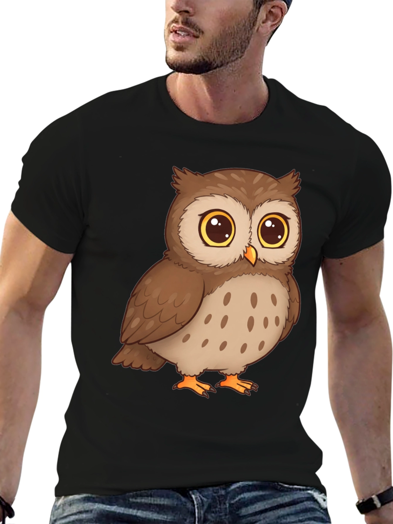 Owl Cartoon Graphic Tee - Black Cotton T-Shirt