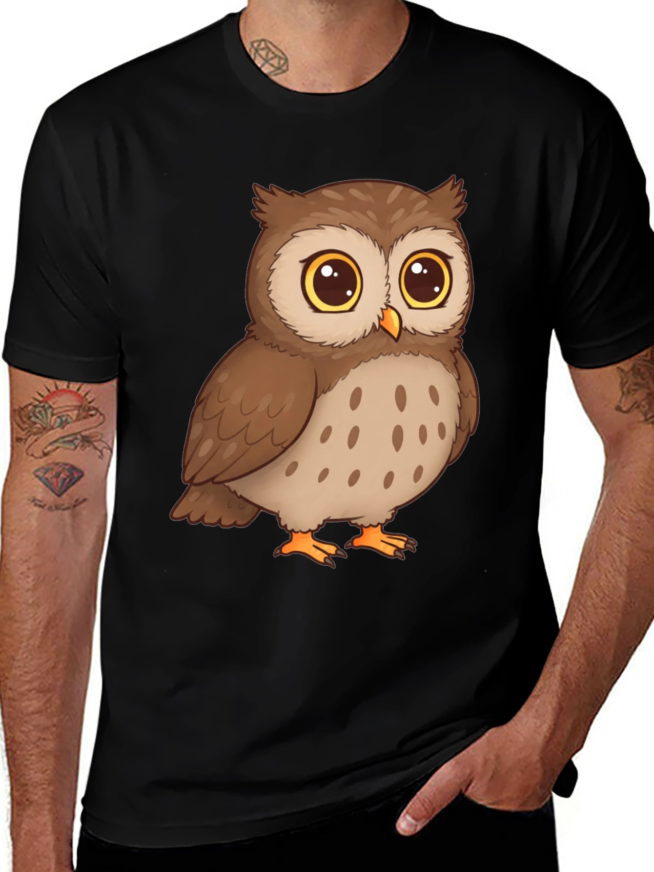 Owl Cartoon Graphic Tee - Black Cotton T-Shirt