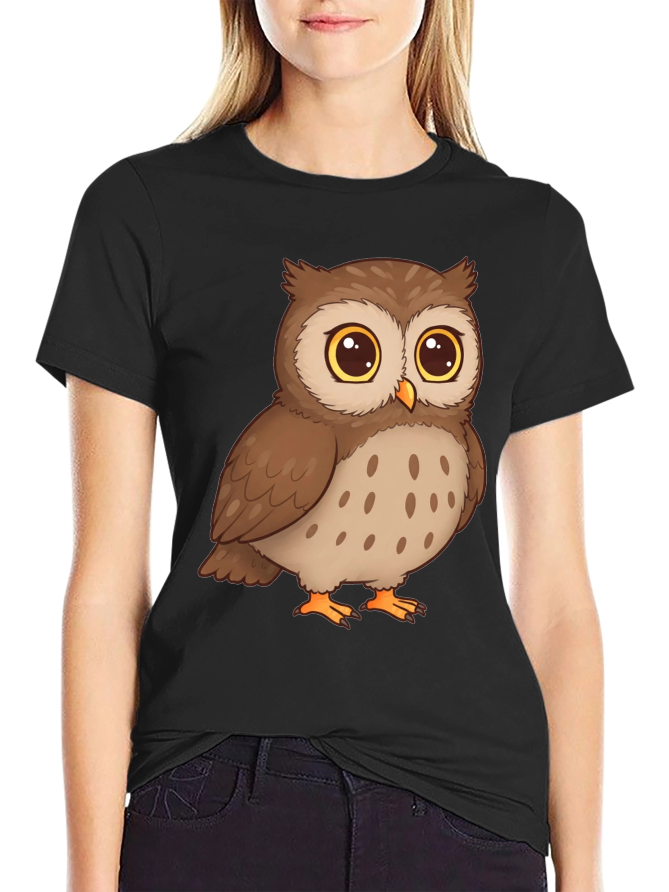 Owl Cartoon Graphic Tee - Black Cotton T-Shirt