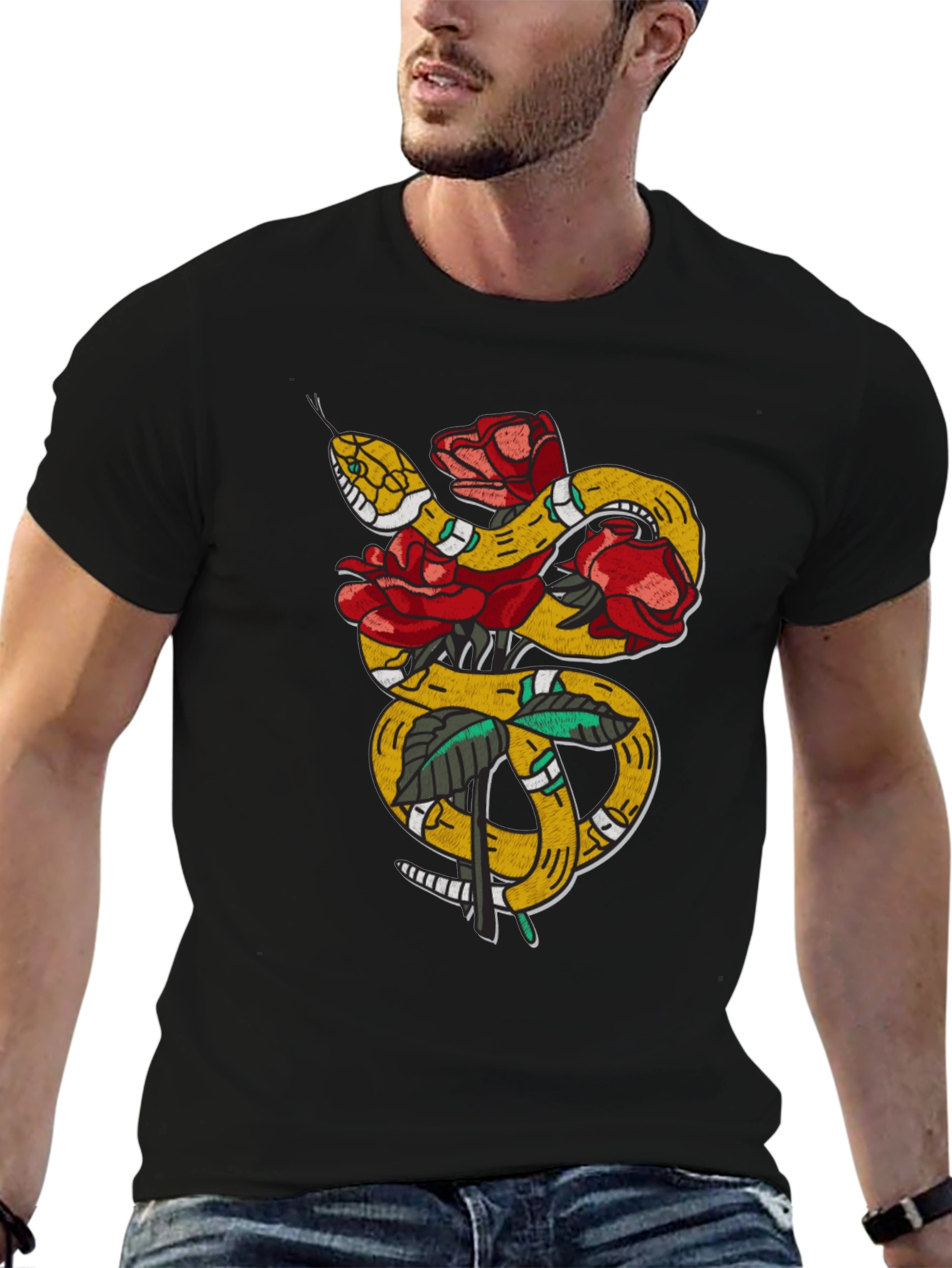 Snake & Roses Graphic Tee - Black