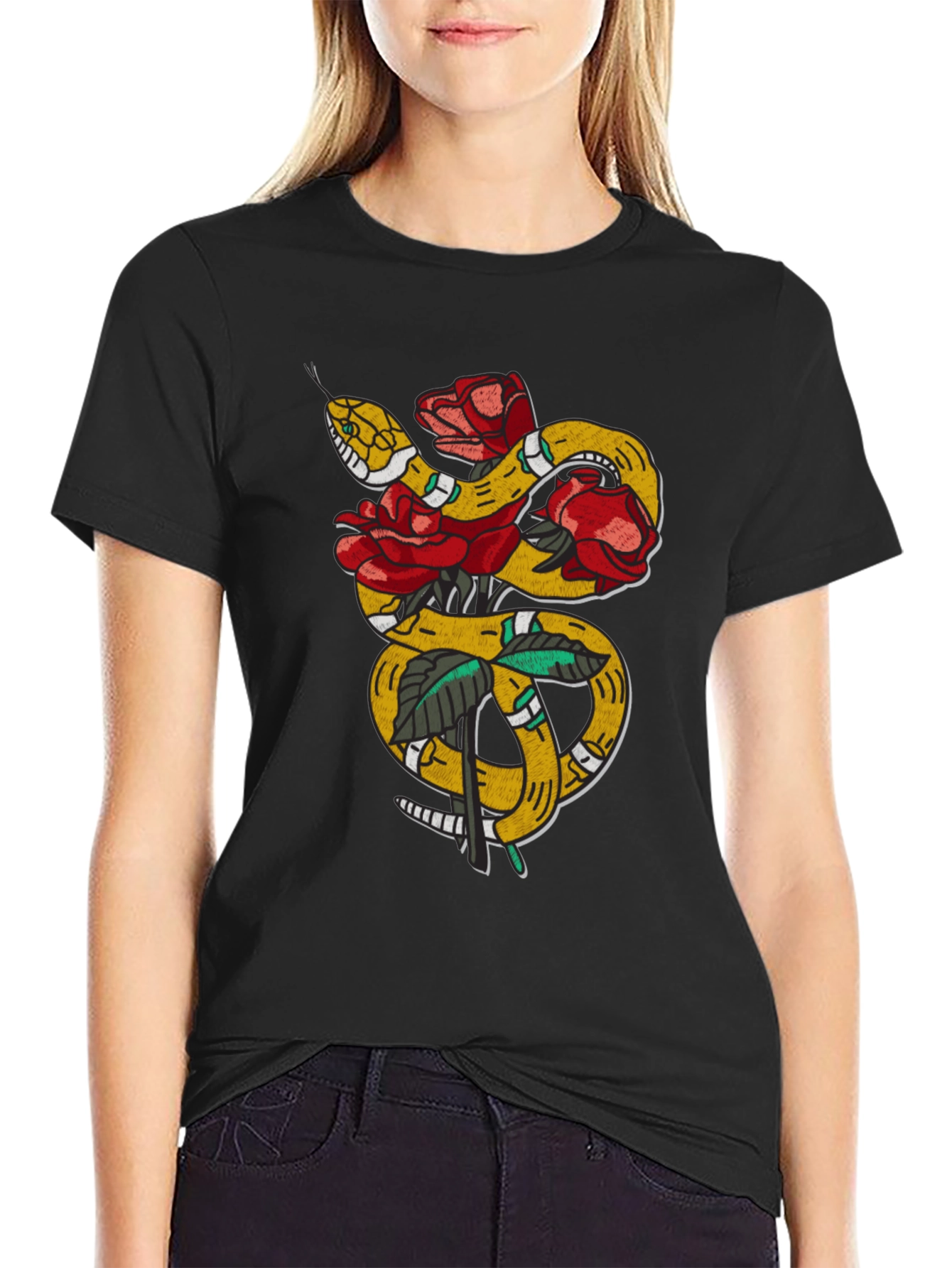 Snake & Roses Graphic Tee - Black