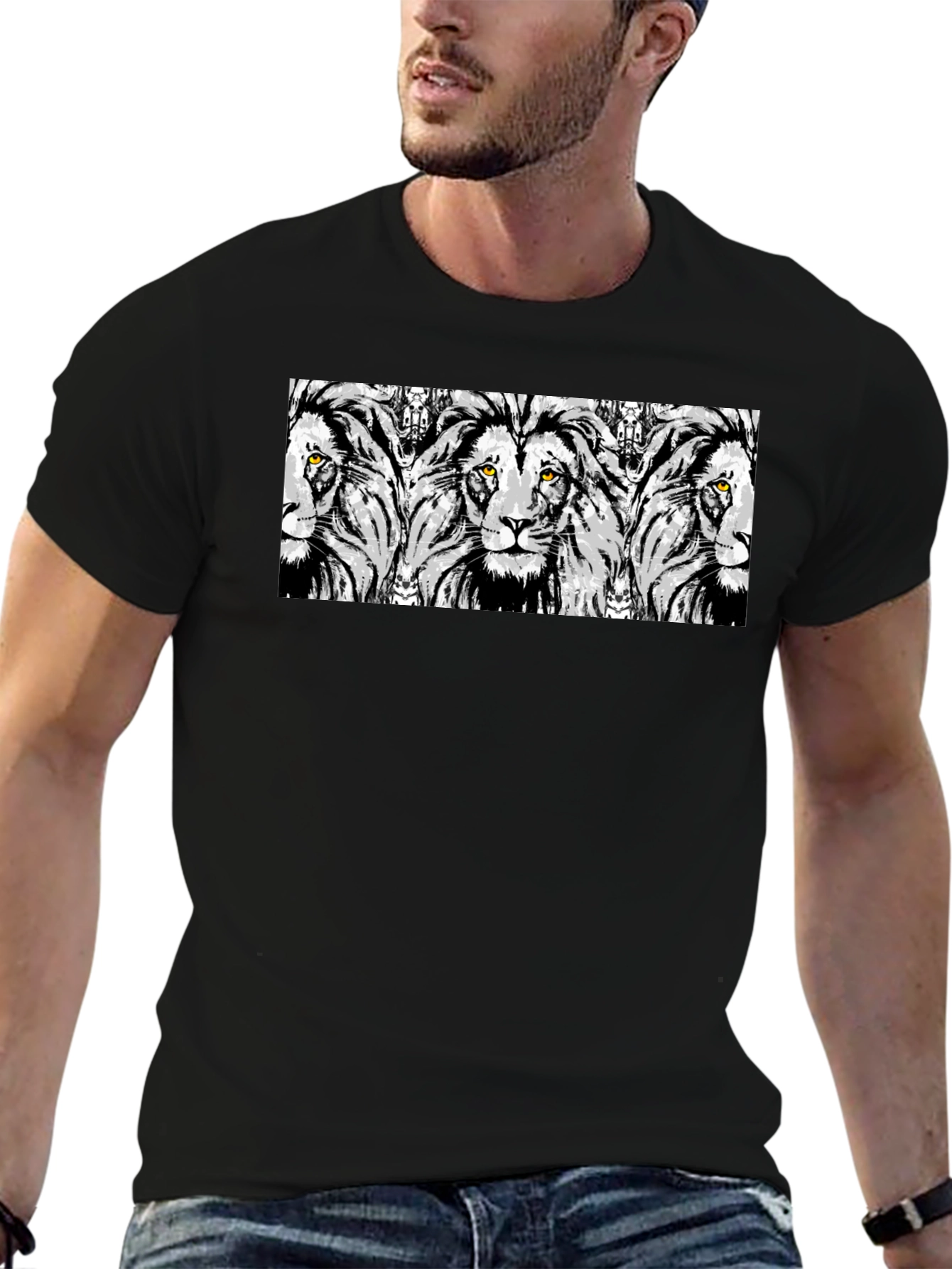 Lion Print Graphic Tee - Stylish Mens Black T-Shirt