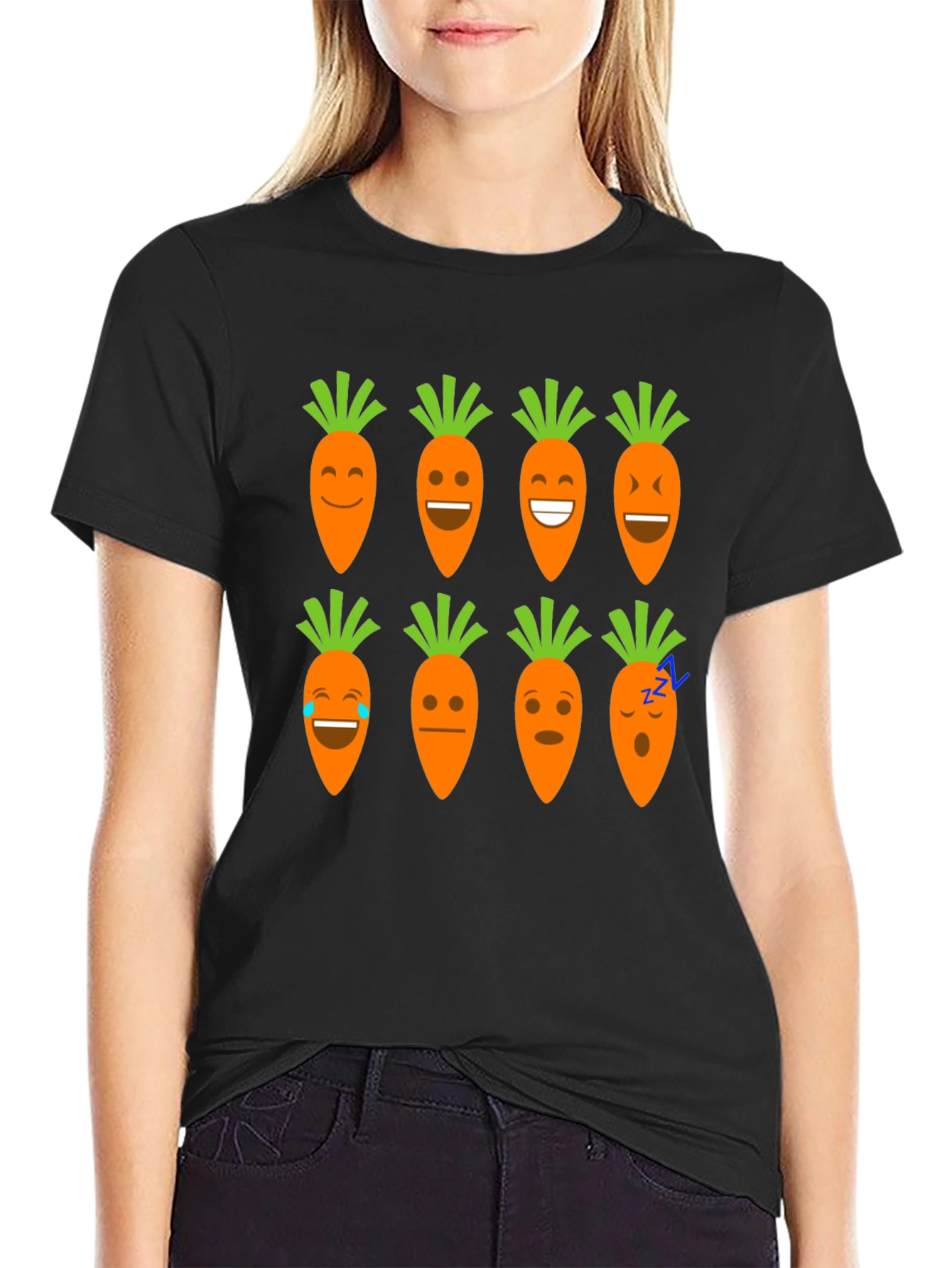 Funny Carrot Emoji Graphic Black T-Shirt