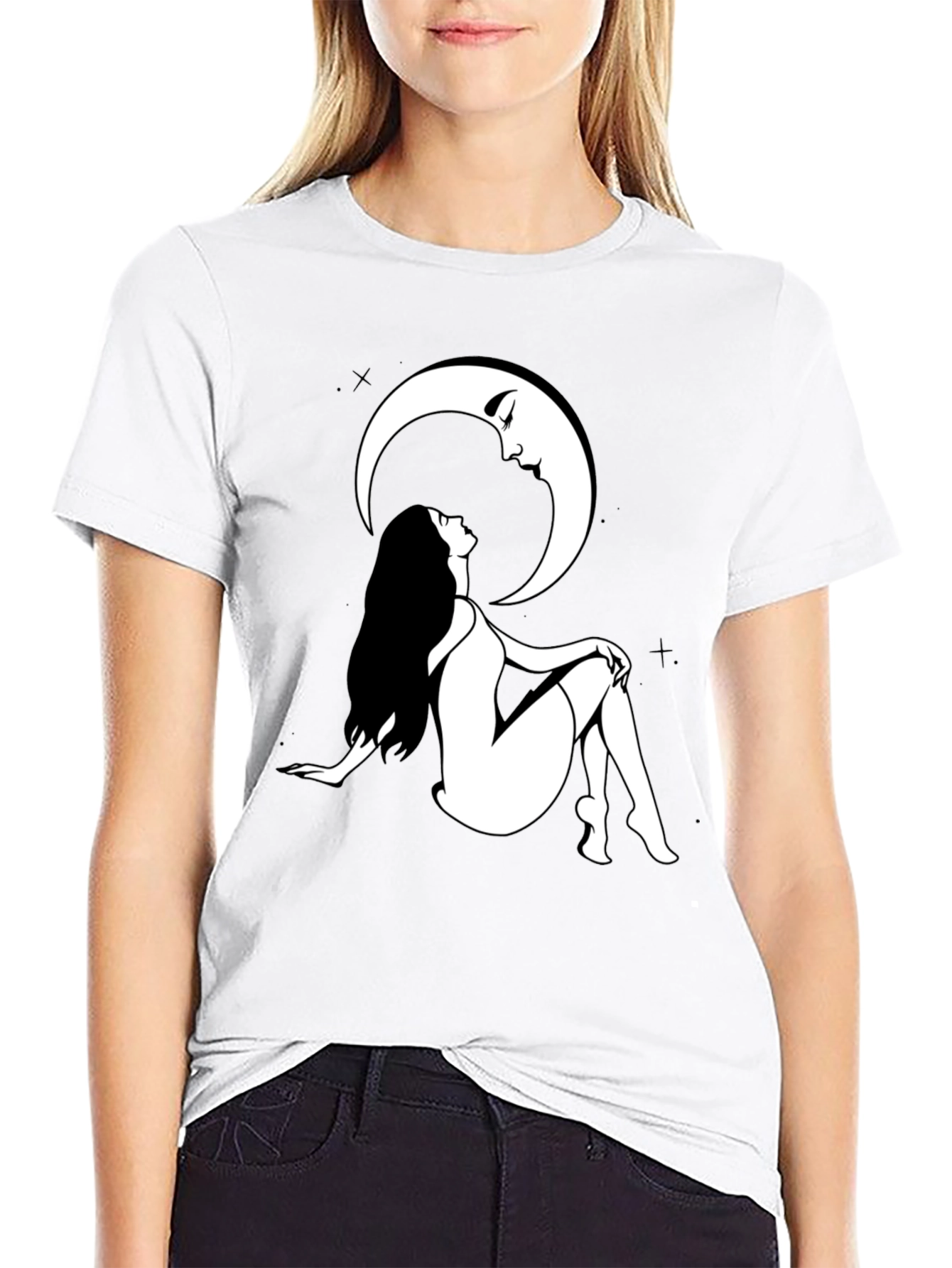 Woman and Moon Graphic Print T-Shirt