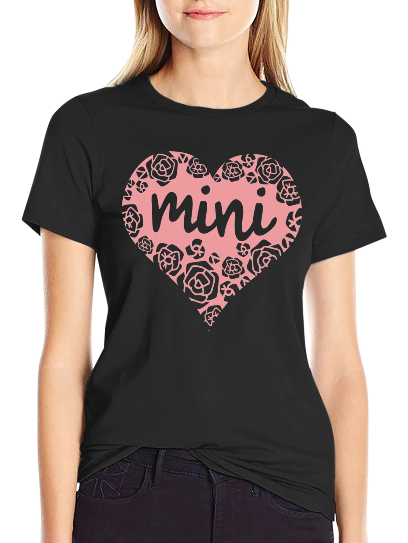 Mini Heart Rose Graphic Black T-Shirt