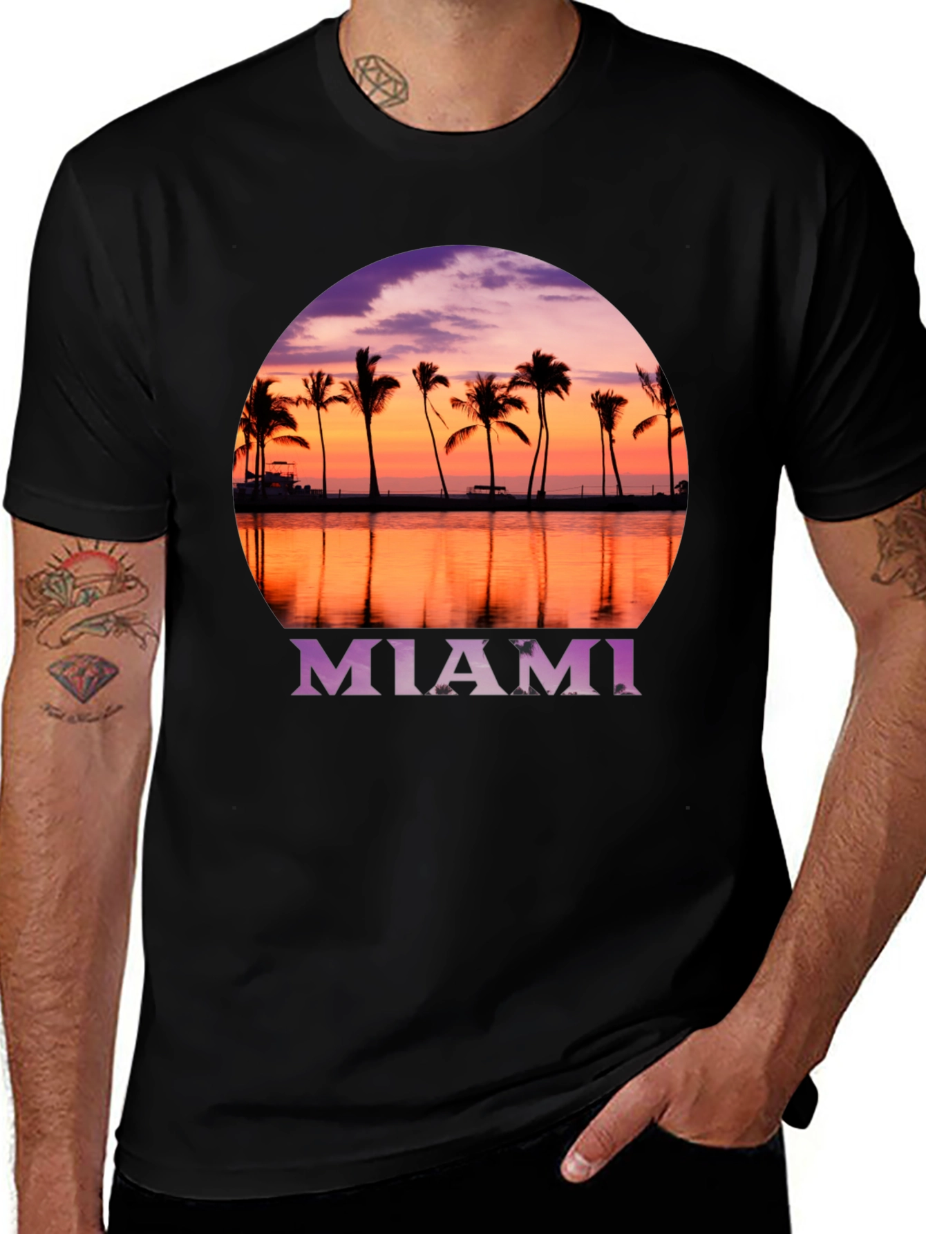 Miami Sunset Palm Tee - Black Graphic T-Shirt