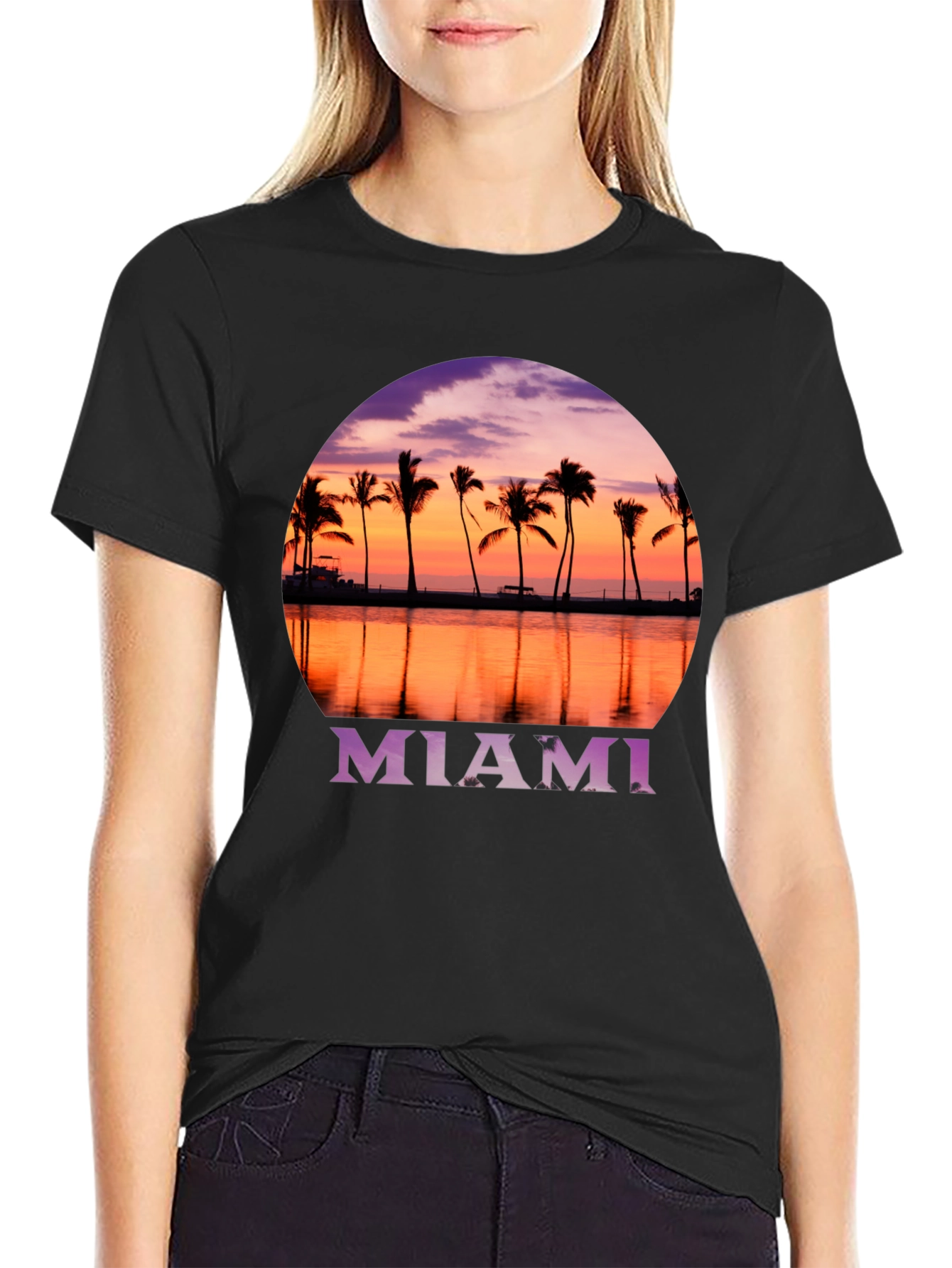 Miami Sunset Palm Tee - Black Graphic T-Shirt