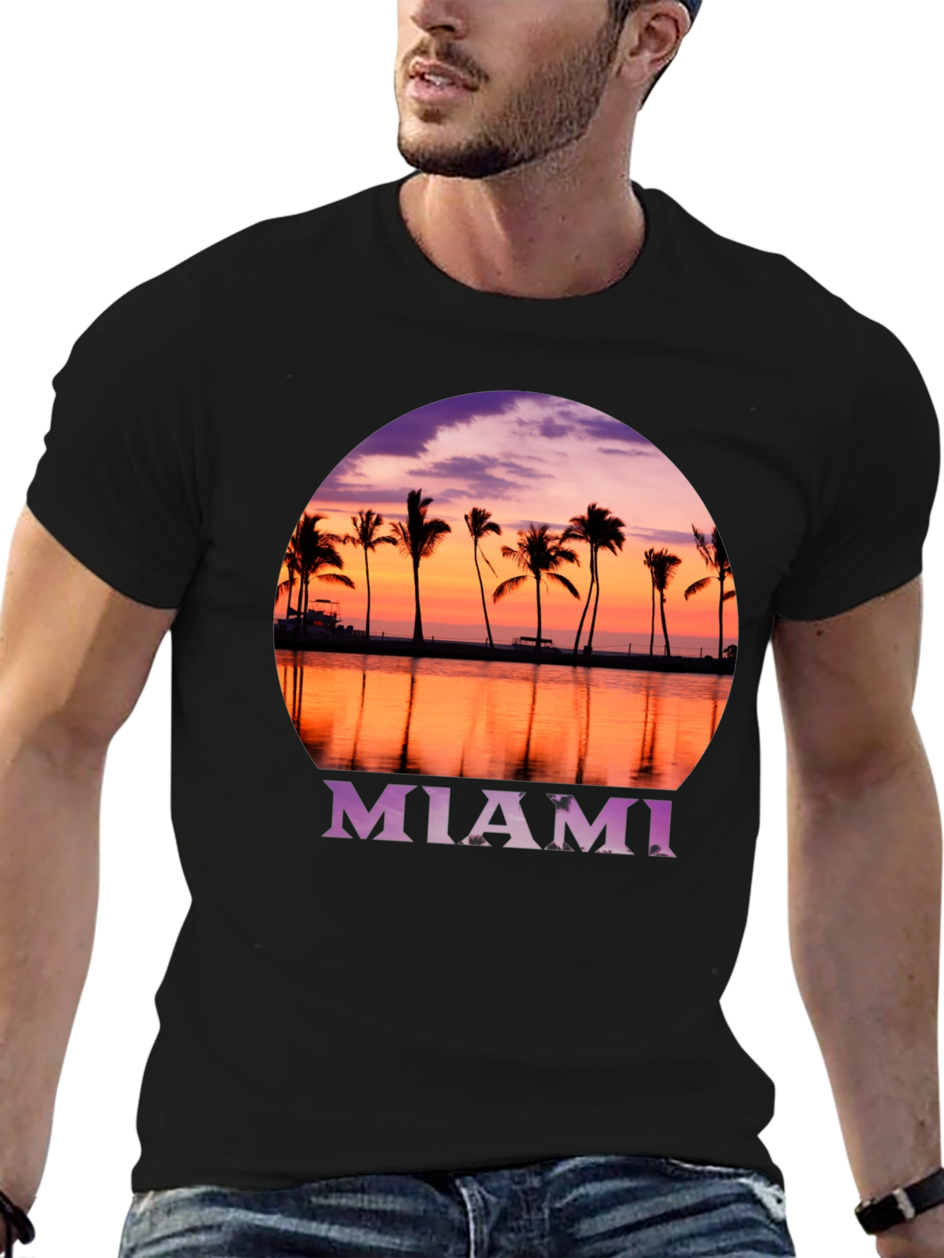 Miami Sunset Palm Tee - Black Graphic T-Shirt