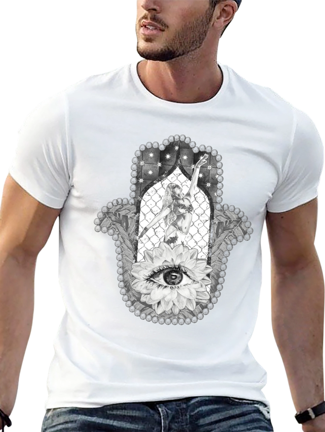 Hamsa Hand T-Shirt with Eye and Dancer Graphic Print