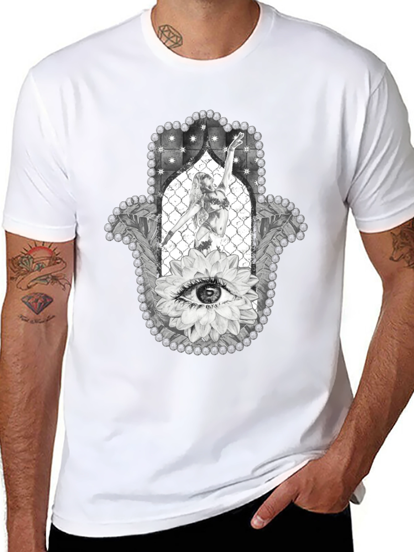 Hamsa Hand T-Shirt with Eye and Dancer Graphic Print