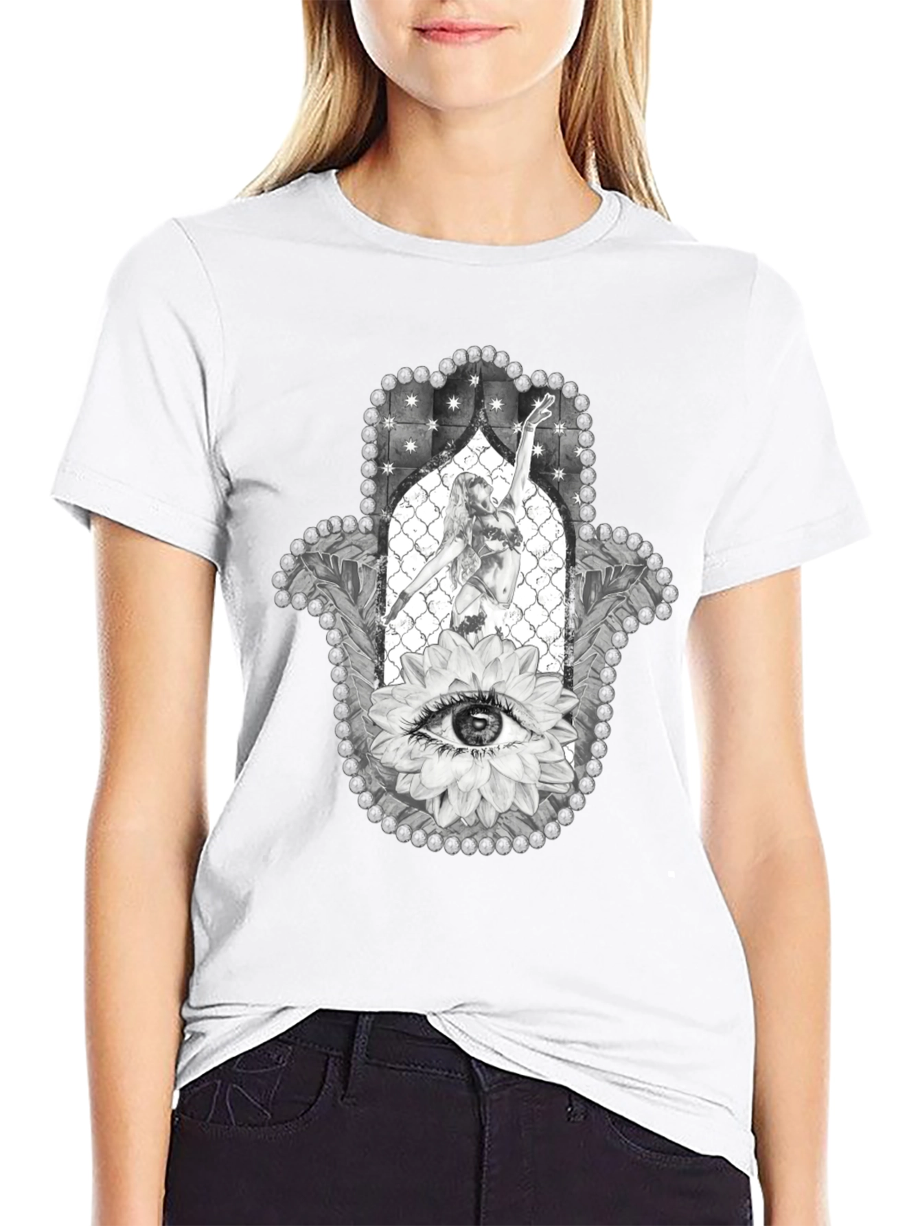 Hamsa Hand T-Shirt with Eye and Dancer Graphic Print