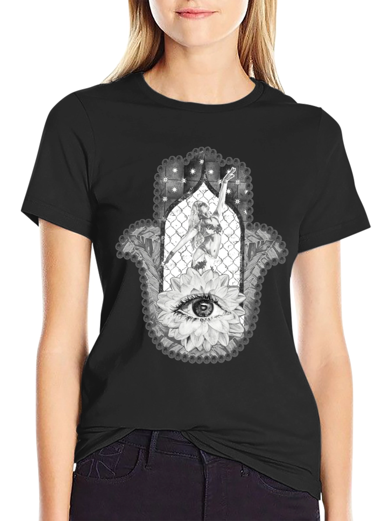 Hamsa Hand T-Shirt with Eye and Dancer Graphic Print