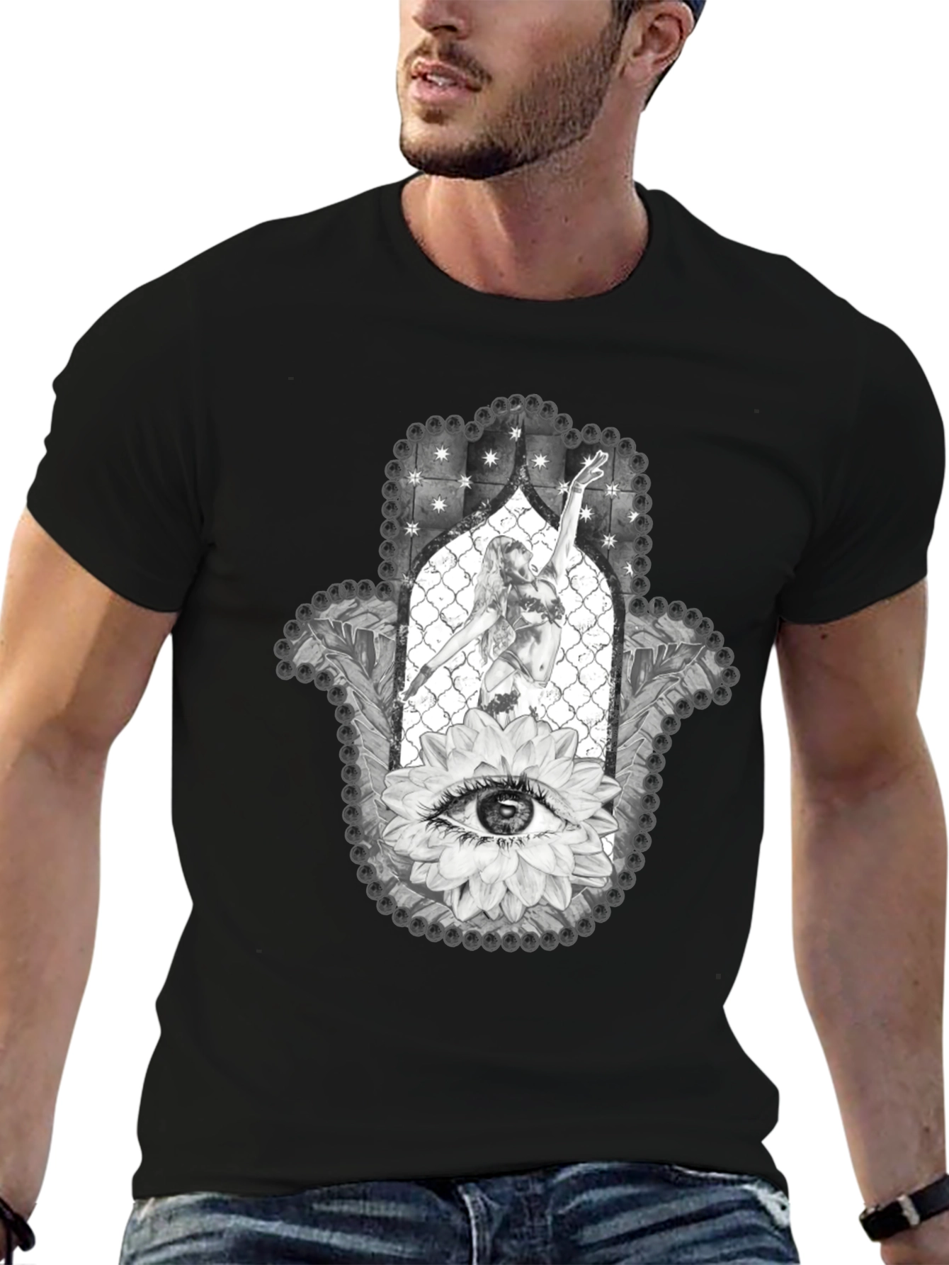 Hamsa Hand T-Shirt with Eye and Dancer Graphic Print