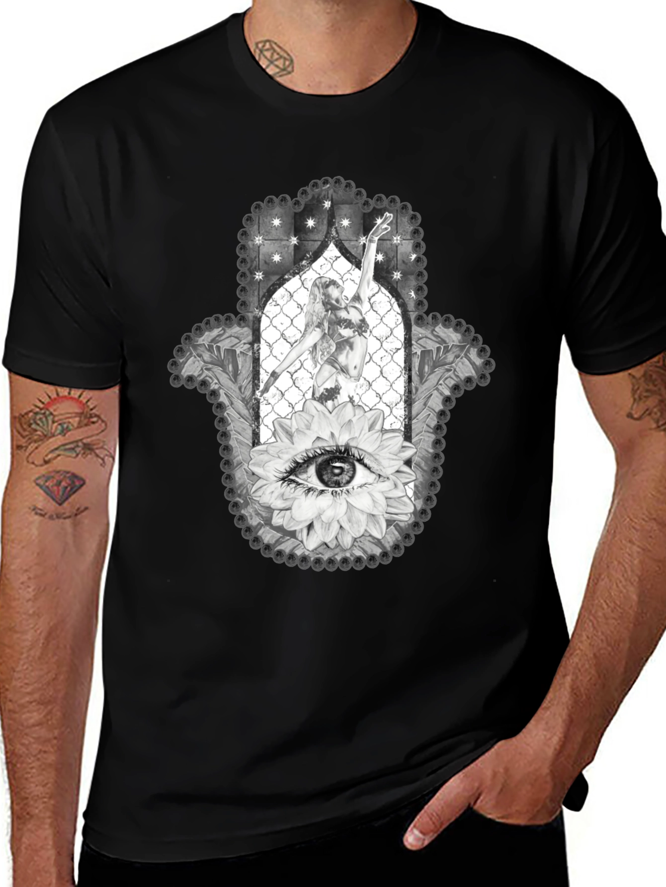 Hamsa Hand T-Shirt with Eye and Dancer Graphic Print