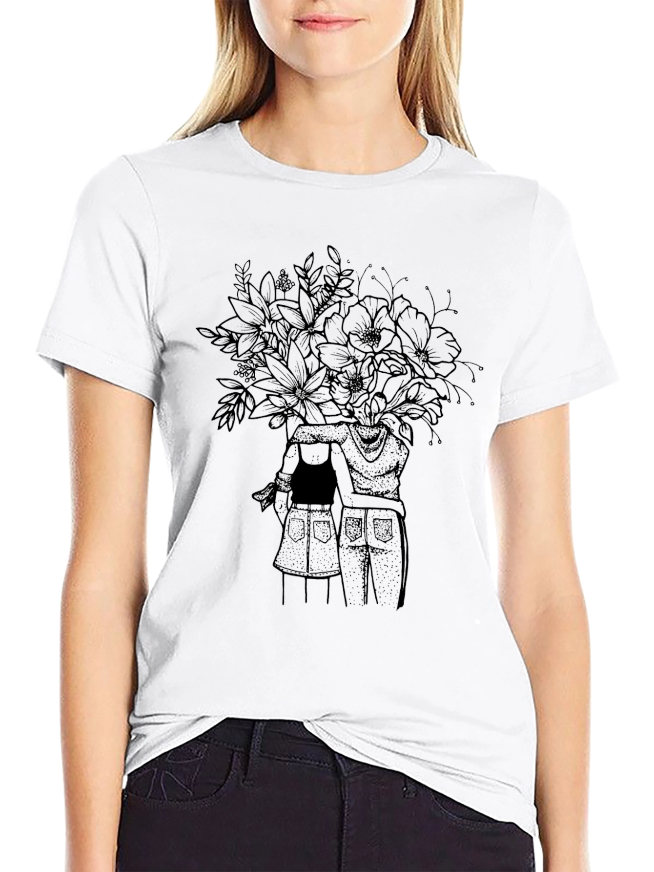 Floral Couple Graphic Tee - Unisex Black T-Shirt