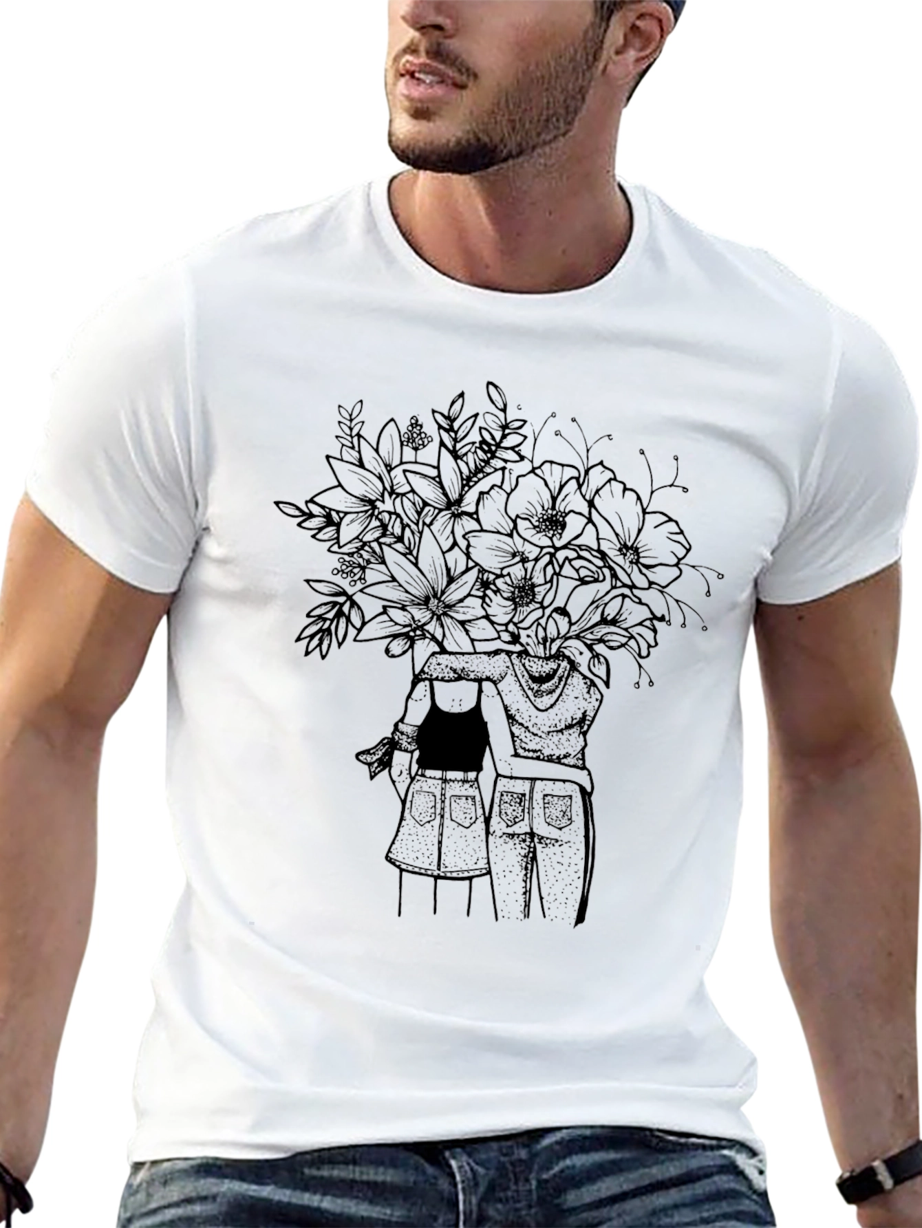 Floral Couple Graphic Tee - Unisex Black T-Shirt