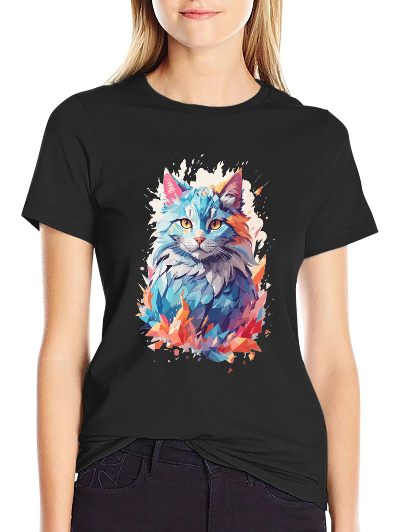 Abstract Cat Graphic Black T-Shirt