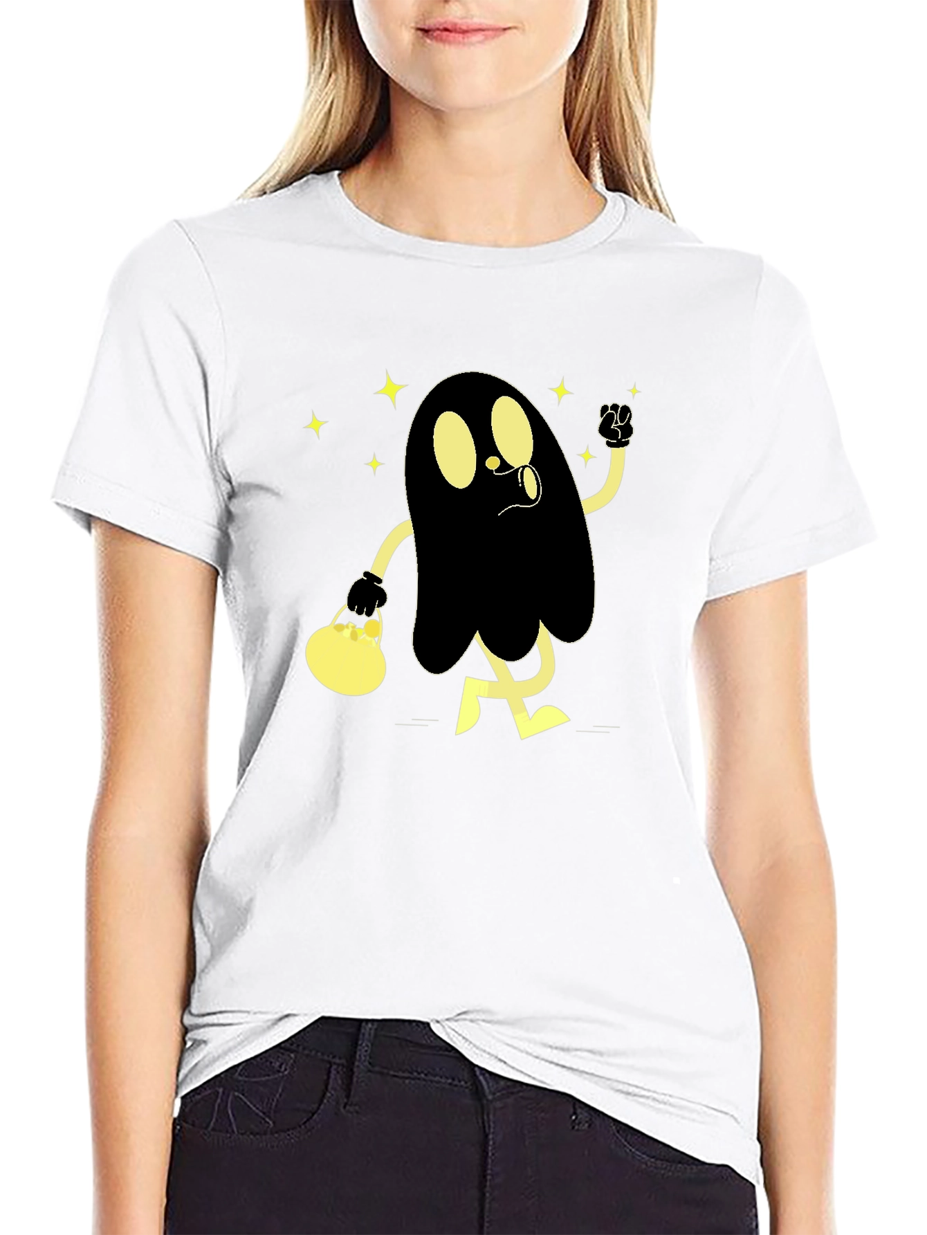 Spooky Cartoon Ghost Black T-Shirt