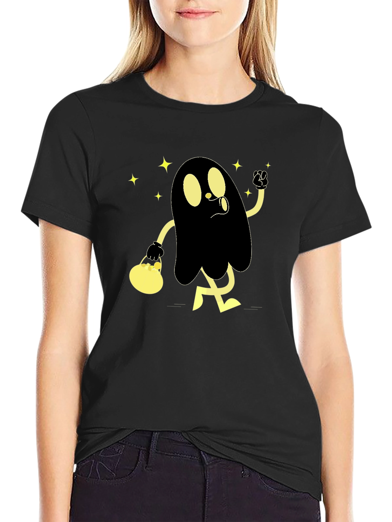 Spooky Cartoon Ghost Black T-Shirt