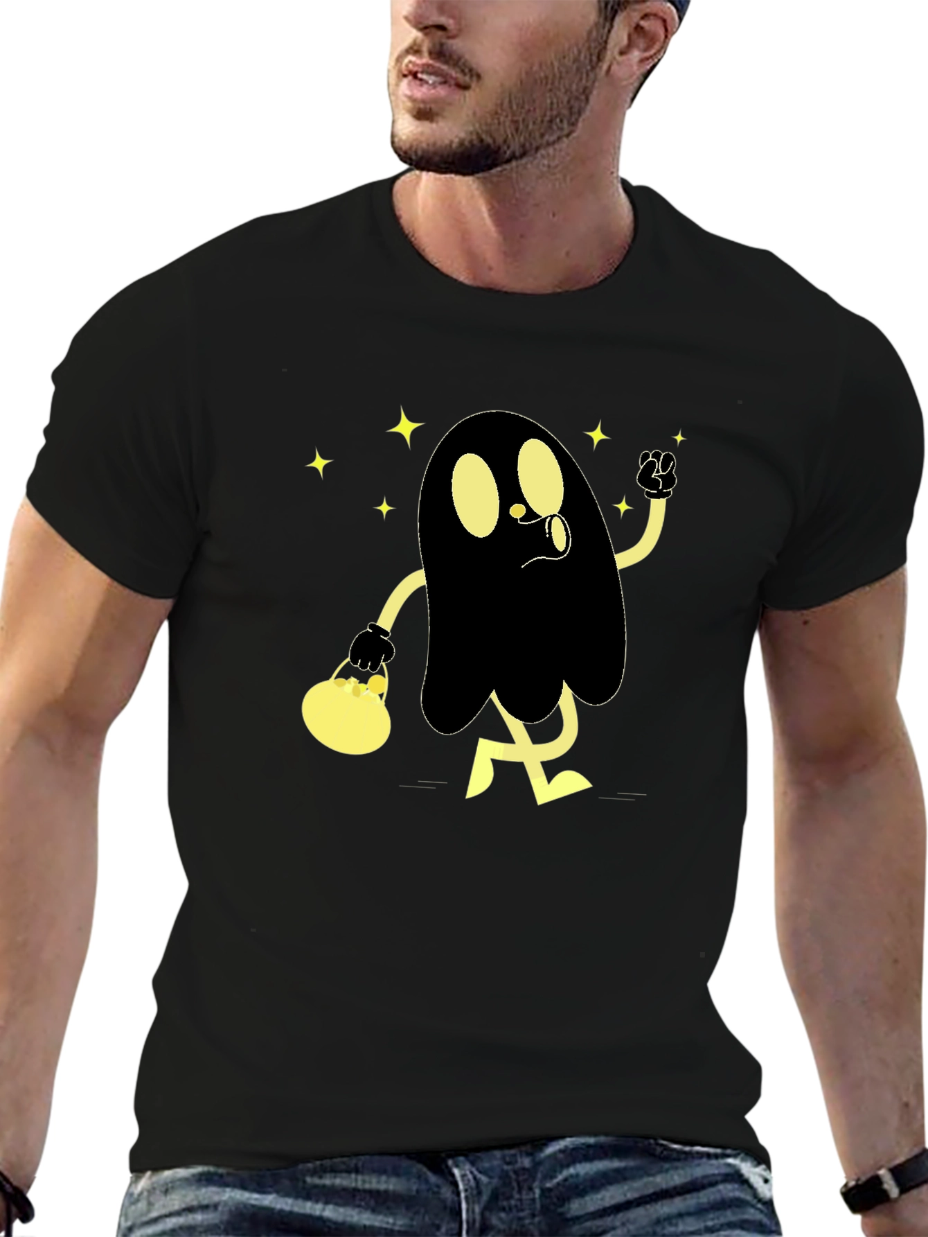 Spooky Cartoon Ghost Black T-Shirt