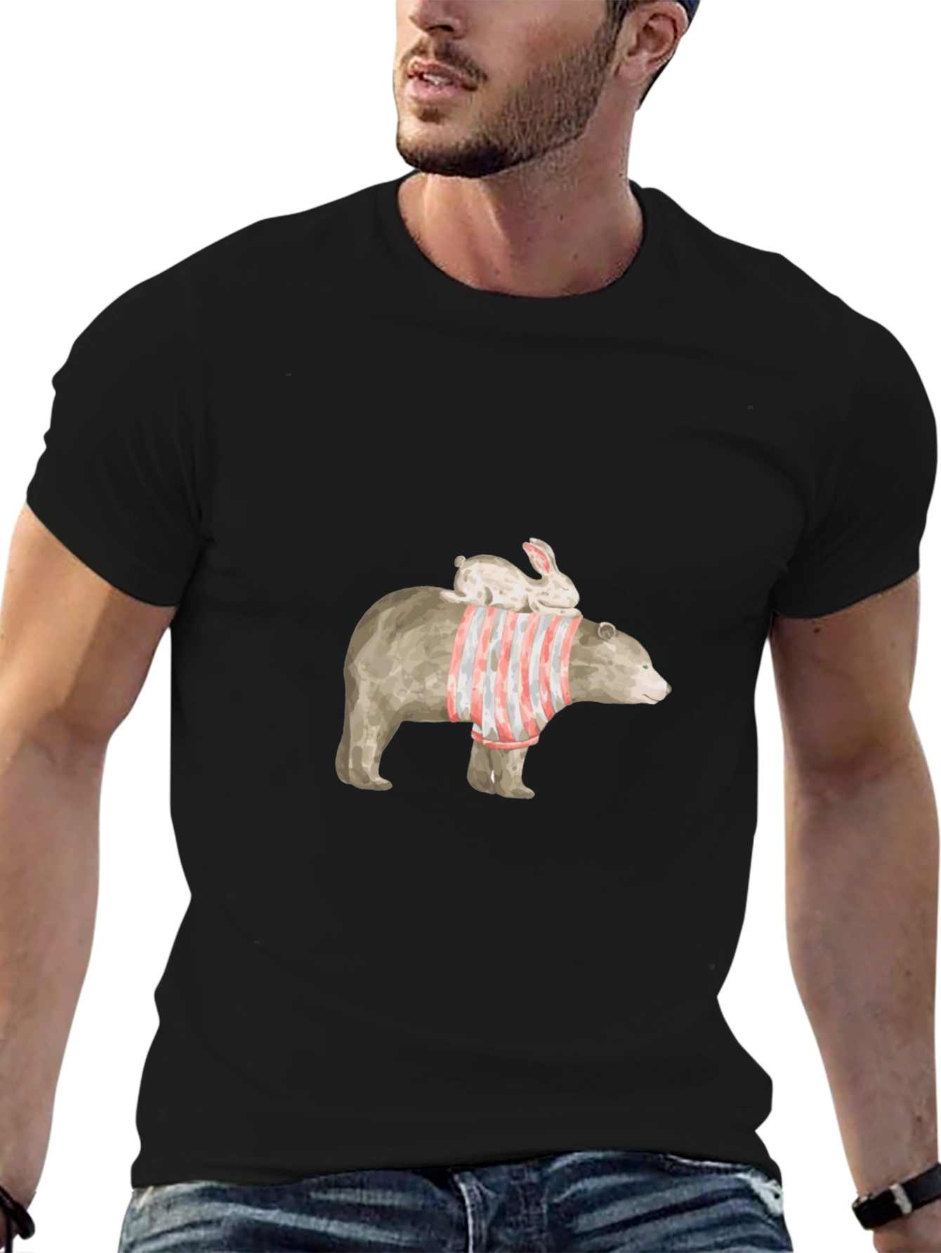 Bear and Bunny Graphic Tee - Casual Black T-Shirt