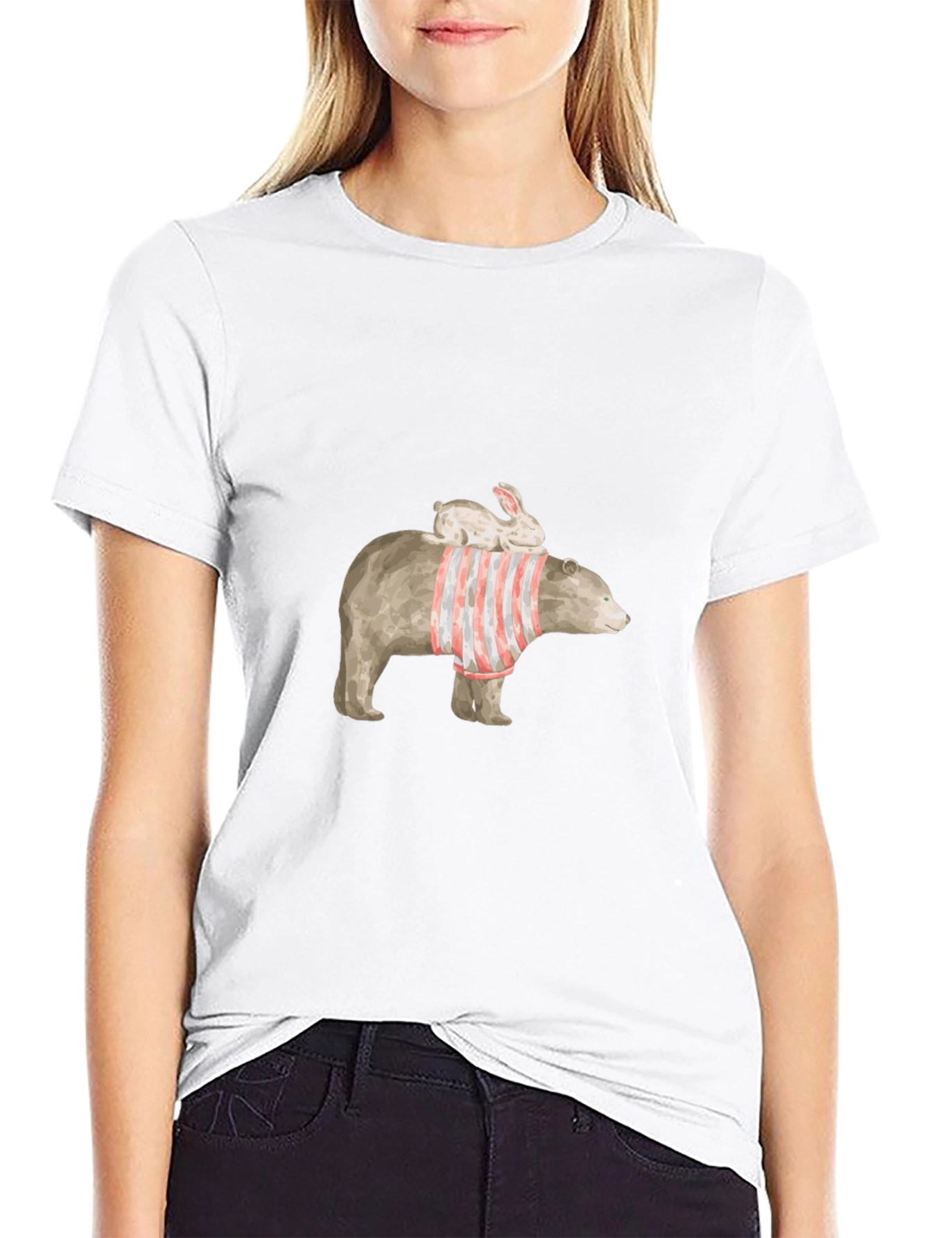 Bear and Bunny Graphic Tee - Casual Black T-Shirt