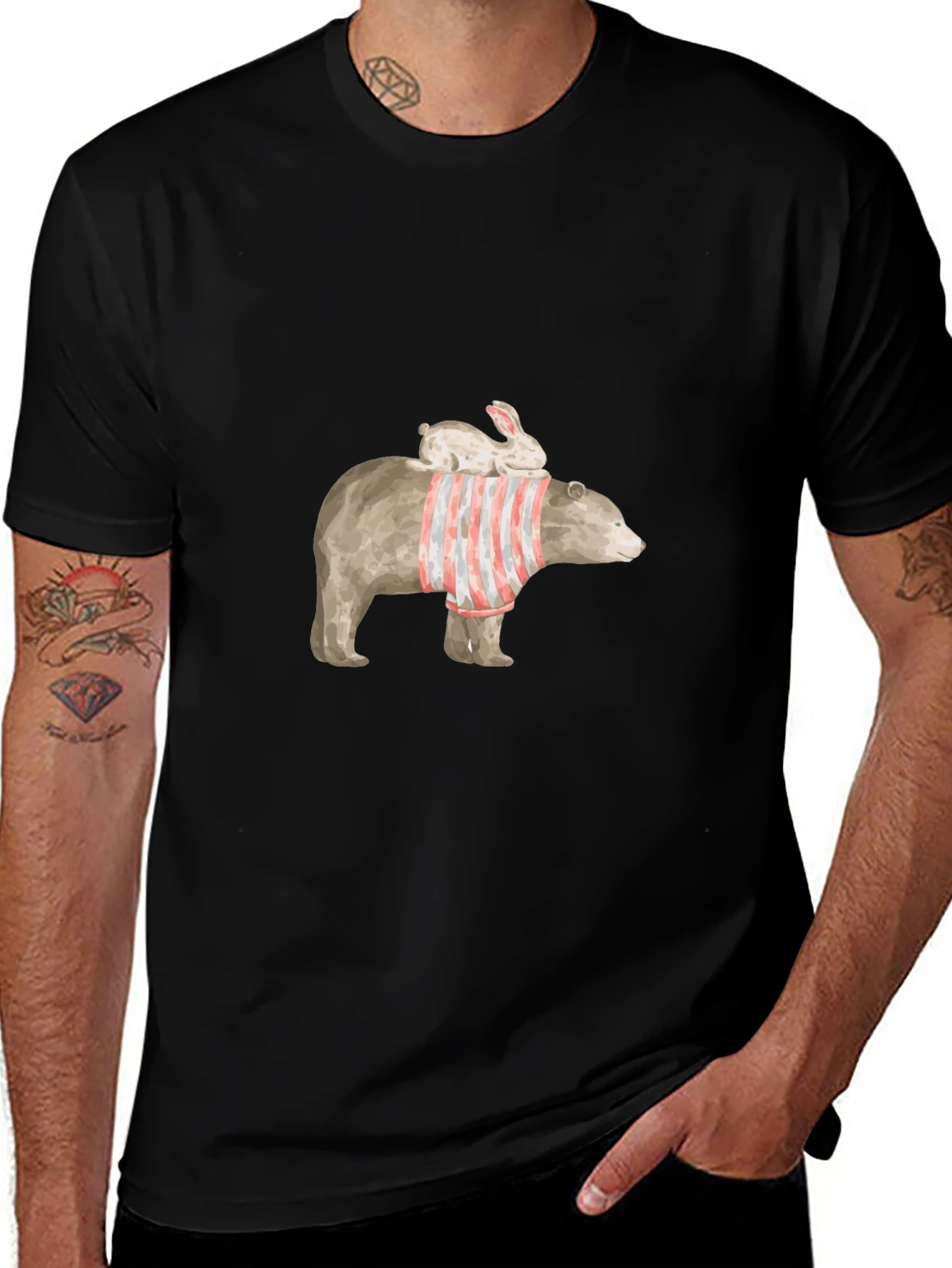Bear and Bunny Graphic Tee - Casual Black T-Shirt