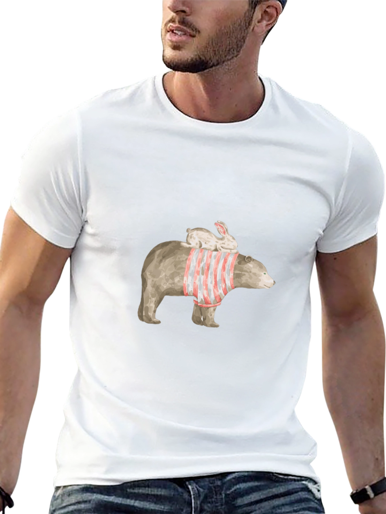 Bear and Bunny Graphic Tee - Casual Black T-Shirt