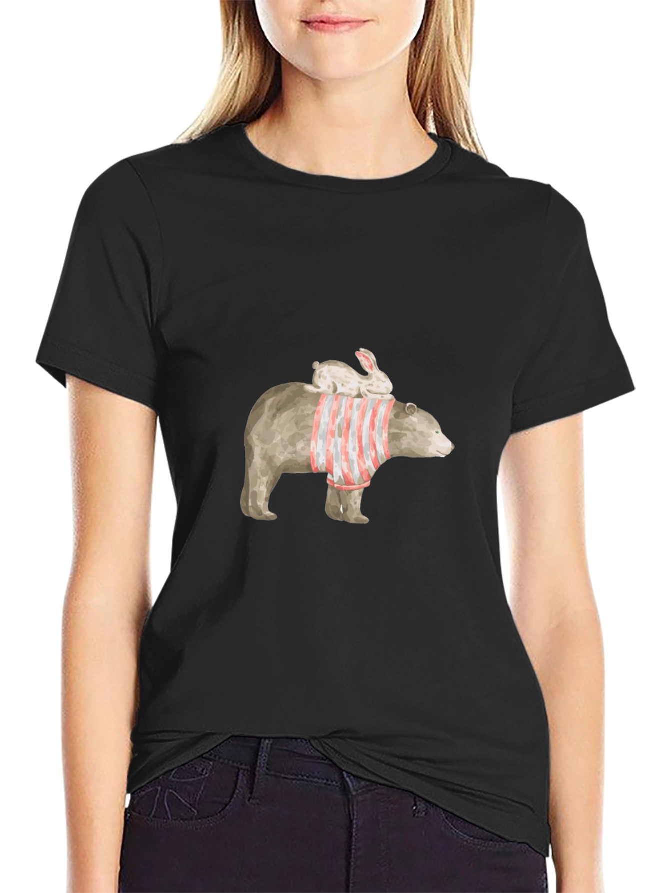 Bear and Bunny Graphic Tee - Casual Black T-Shirt