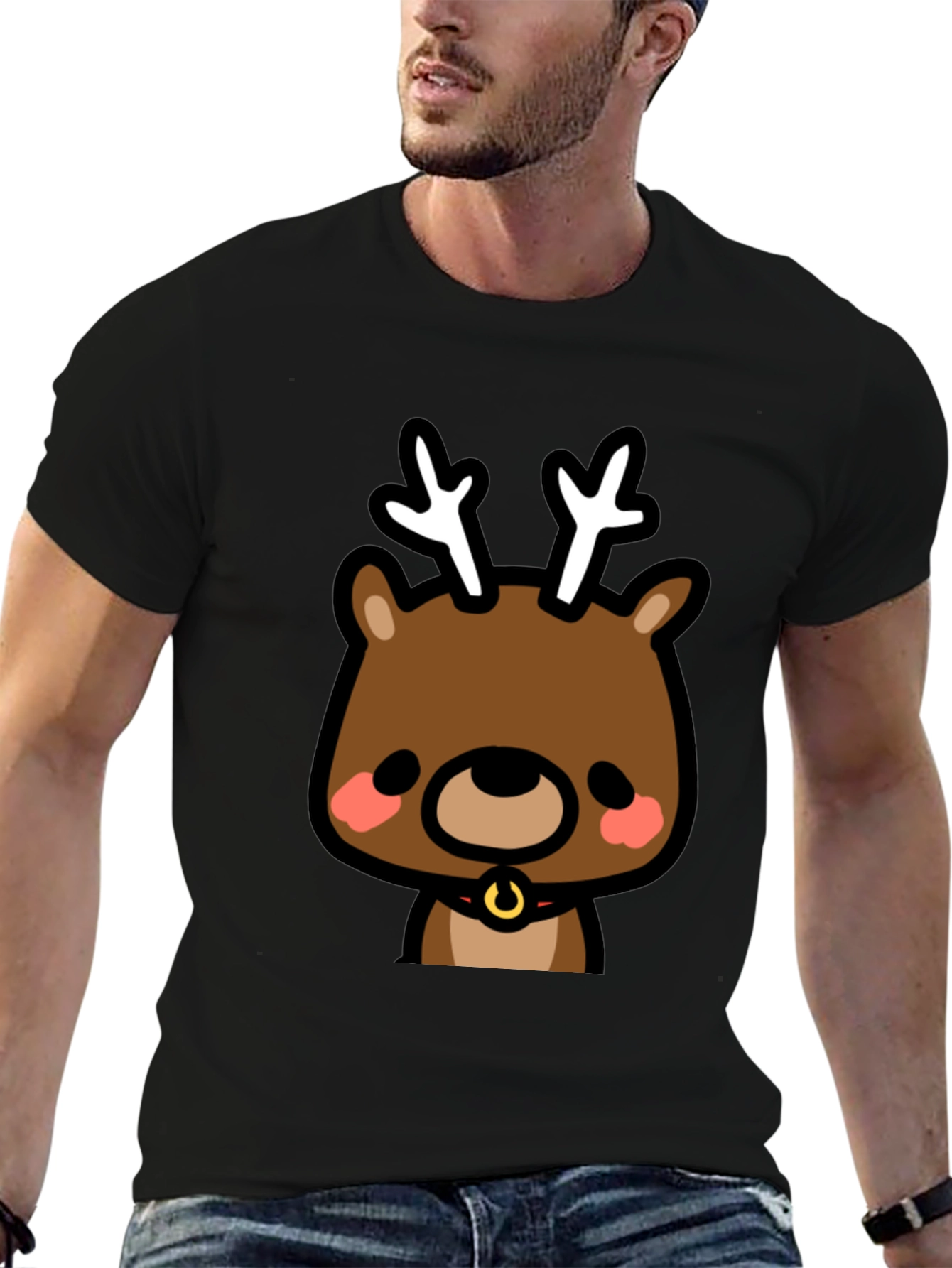 Cute Reindeer Graphic Black T-Shirt