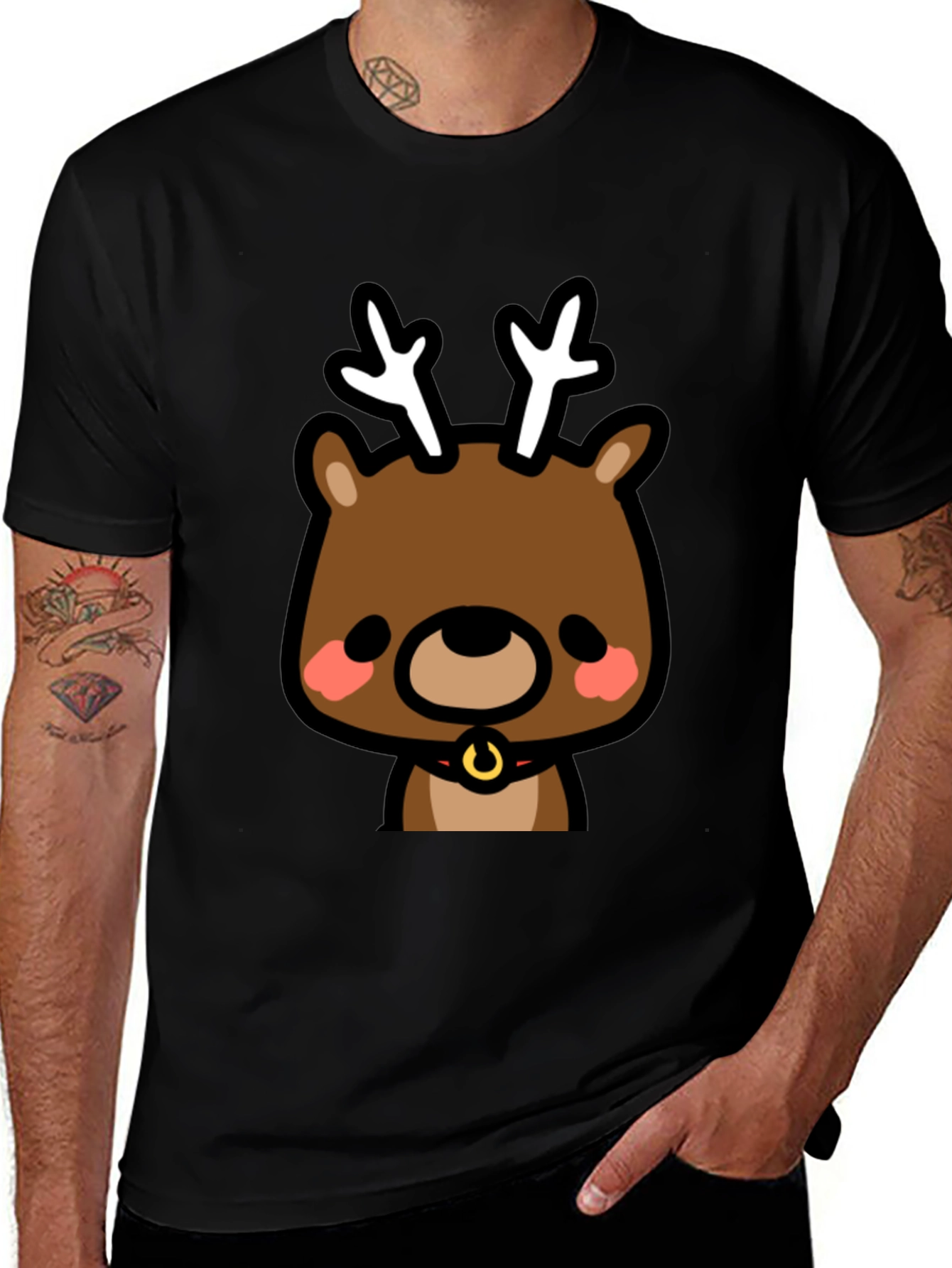 Cute Reindeer Graphic Black T-Shirt