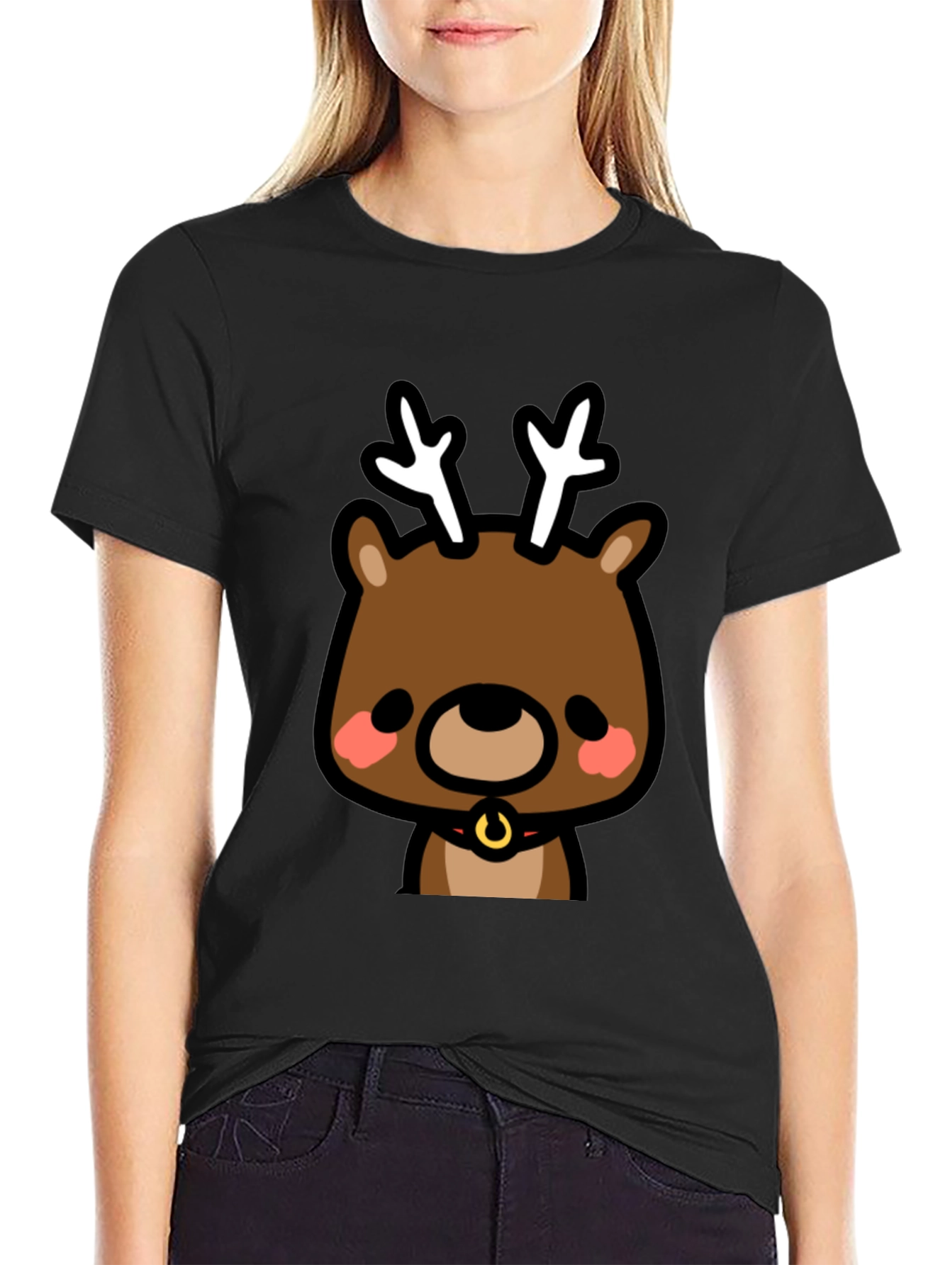 Cute Reindeer Graphic Black T-Shirt
