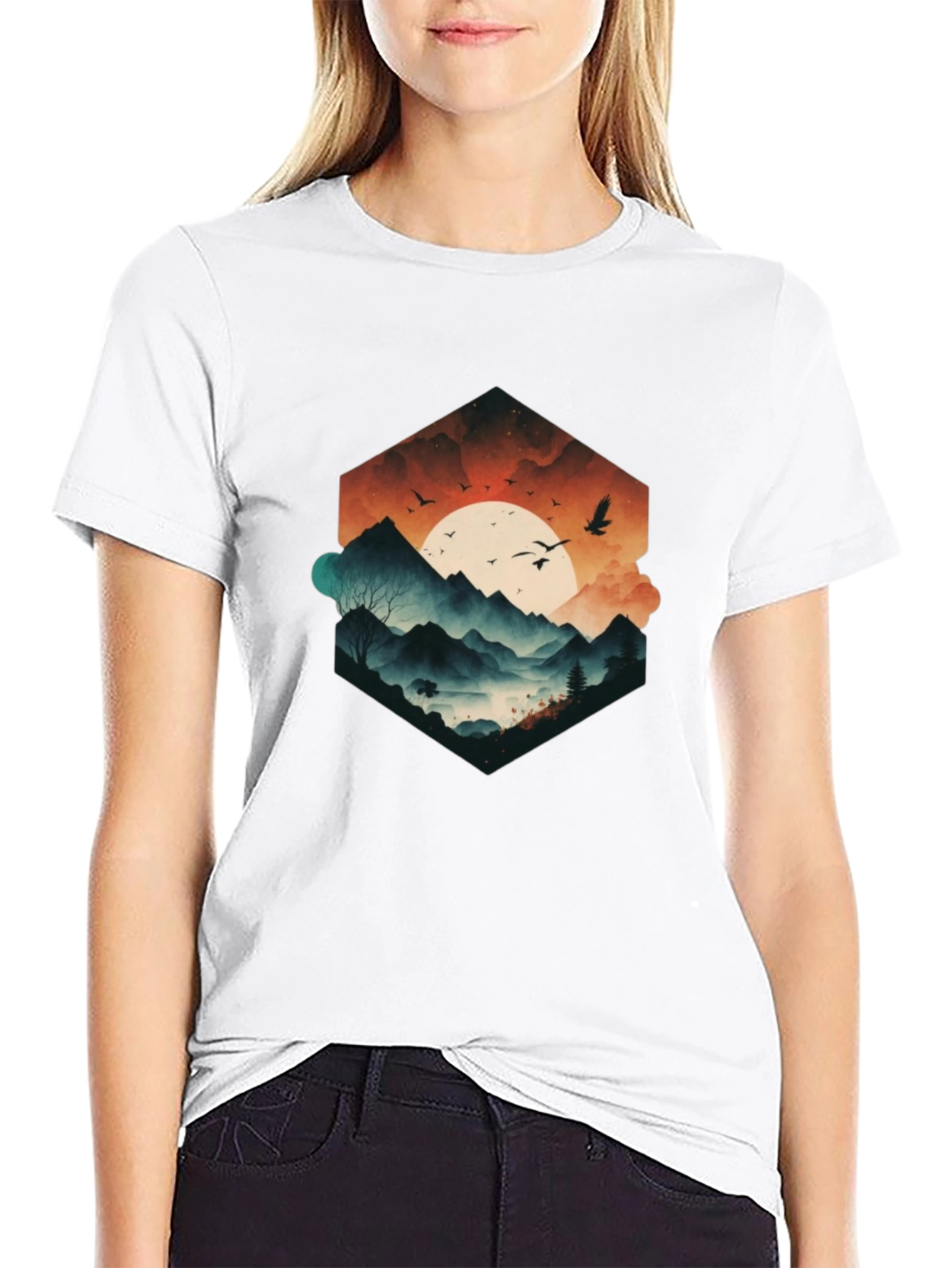 Mens Black Graphic Tee - Mountain Sunset Design