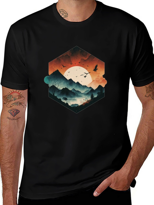 Mens Black Graphic Tee - Mountain Sunset Design