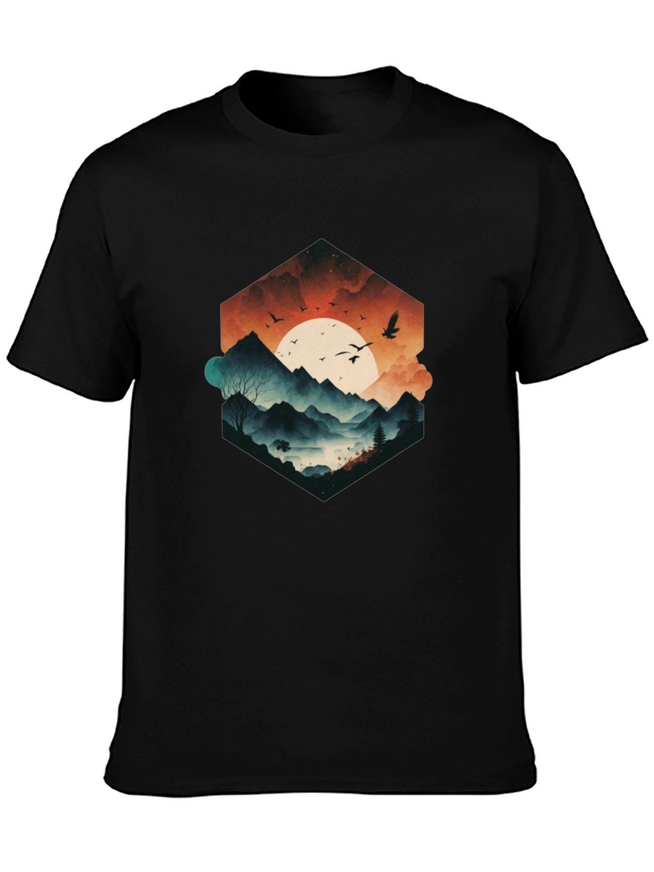 Mens Black Graphic Tee - Mountain Sunset Design