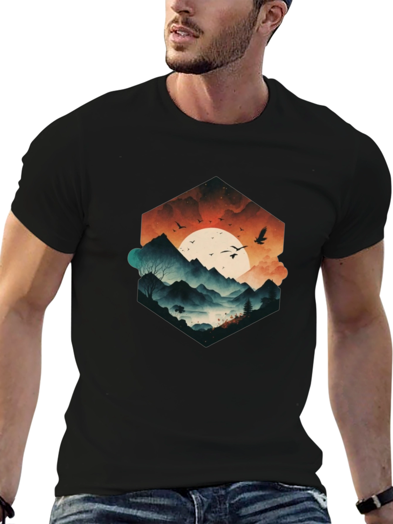 Mens Black Graphic Tee - Mountain Sunset Design